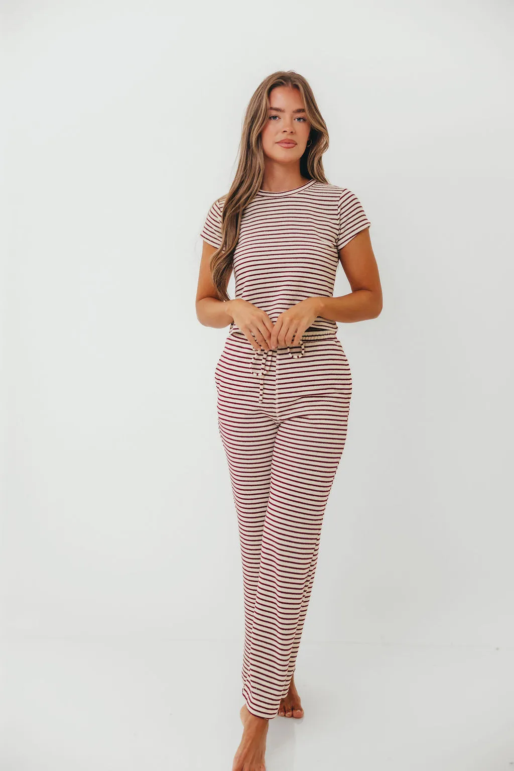 Find Your Soft Striped Flare Top and Pants Set in Cream Burgundy Urban Look Organic Cotton Blend