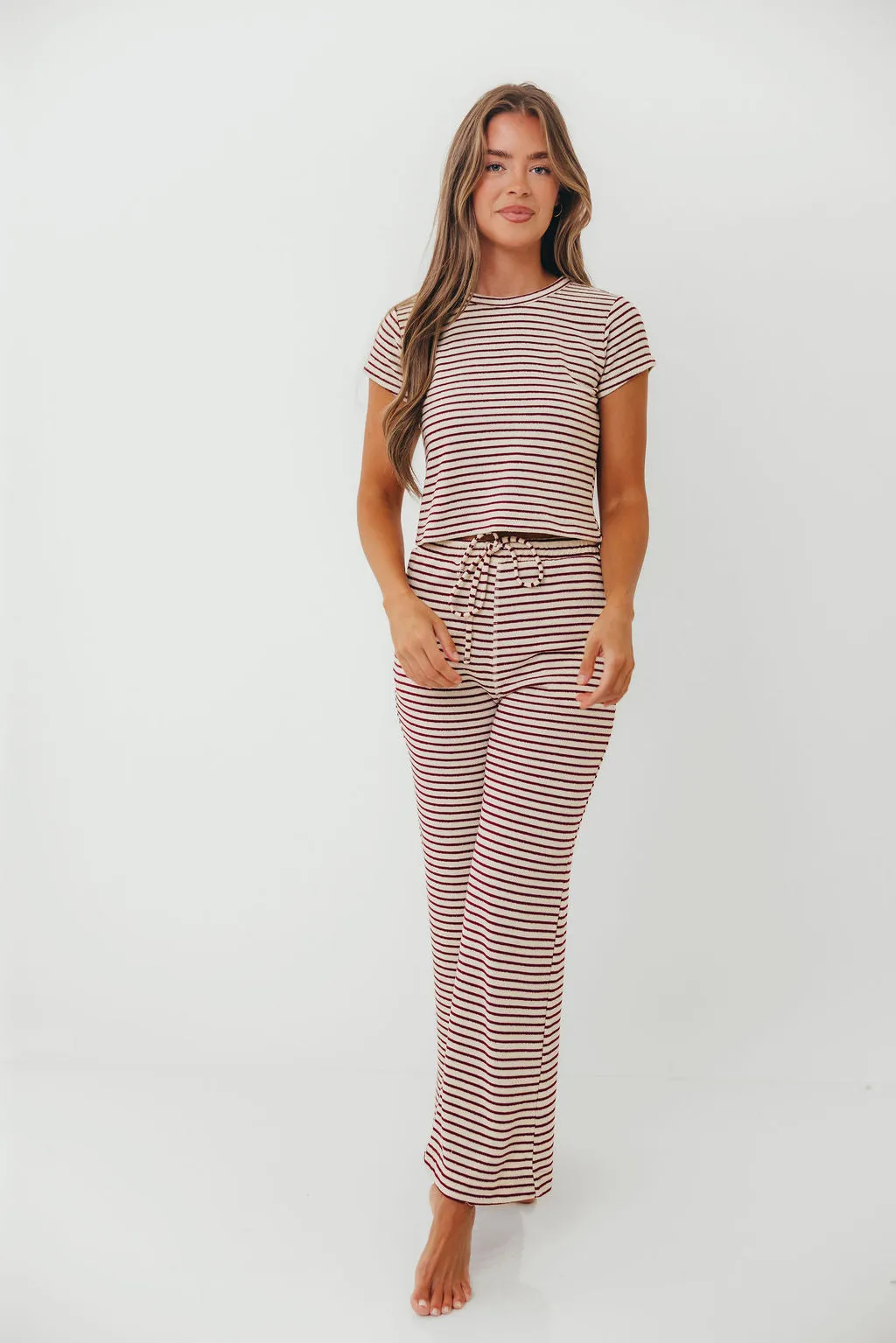 Durable Stitching Thermal Insulation Find Your Soft Striped Flare Top and Pants Set in Cream Burgundy