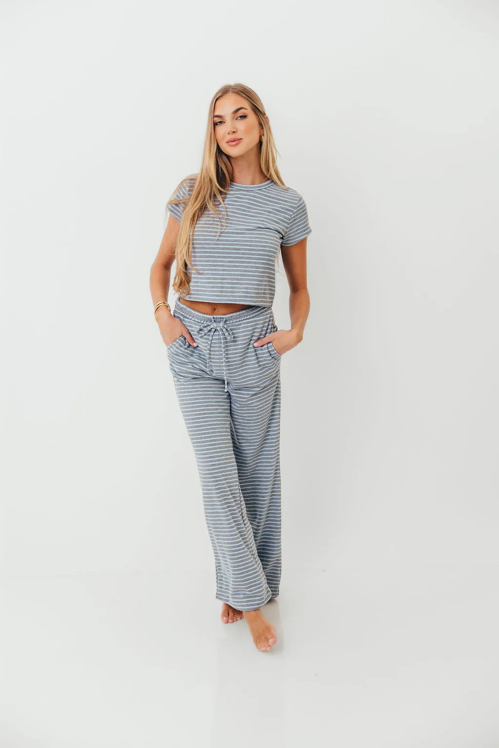 Find Your Soft Striped Top and Flare Pants Set in Grey Blue Rolled Cuffs Subtle Detail