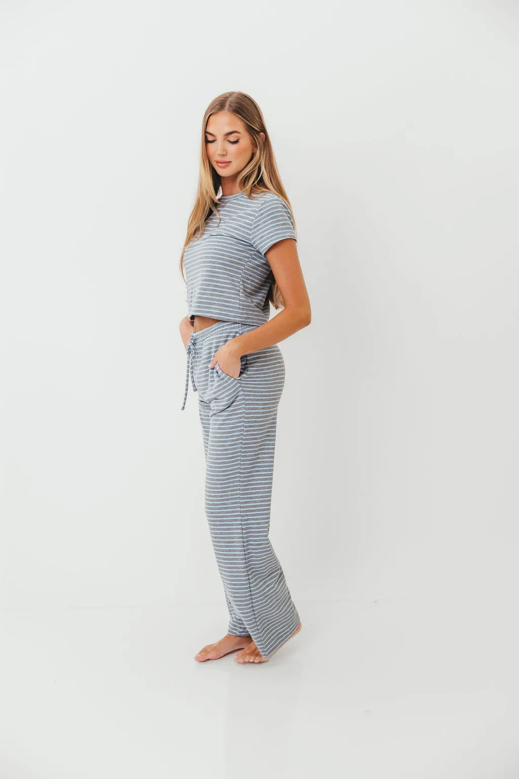Layered Neckline Find Your Soft Striped Top and Flare Pants Set in Grey Blue