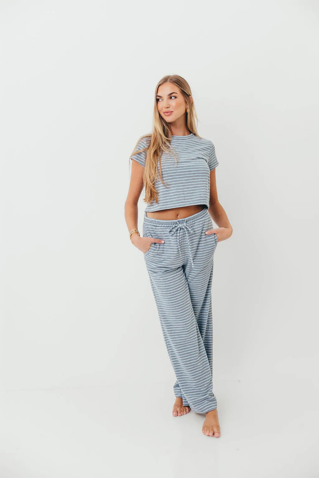 Durable Blend Knitwear Repair Toolkit Find Your Soft Striped Top and Flare Pants Set in Grey Blue
