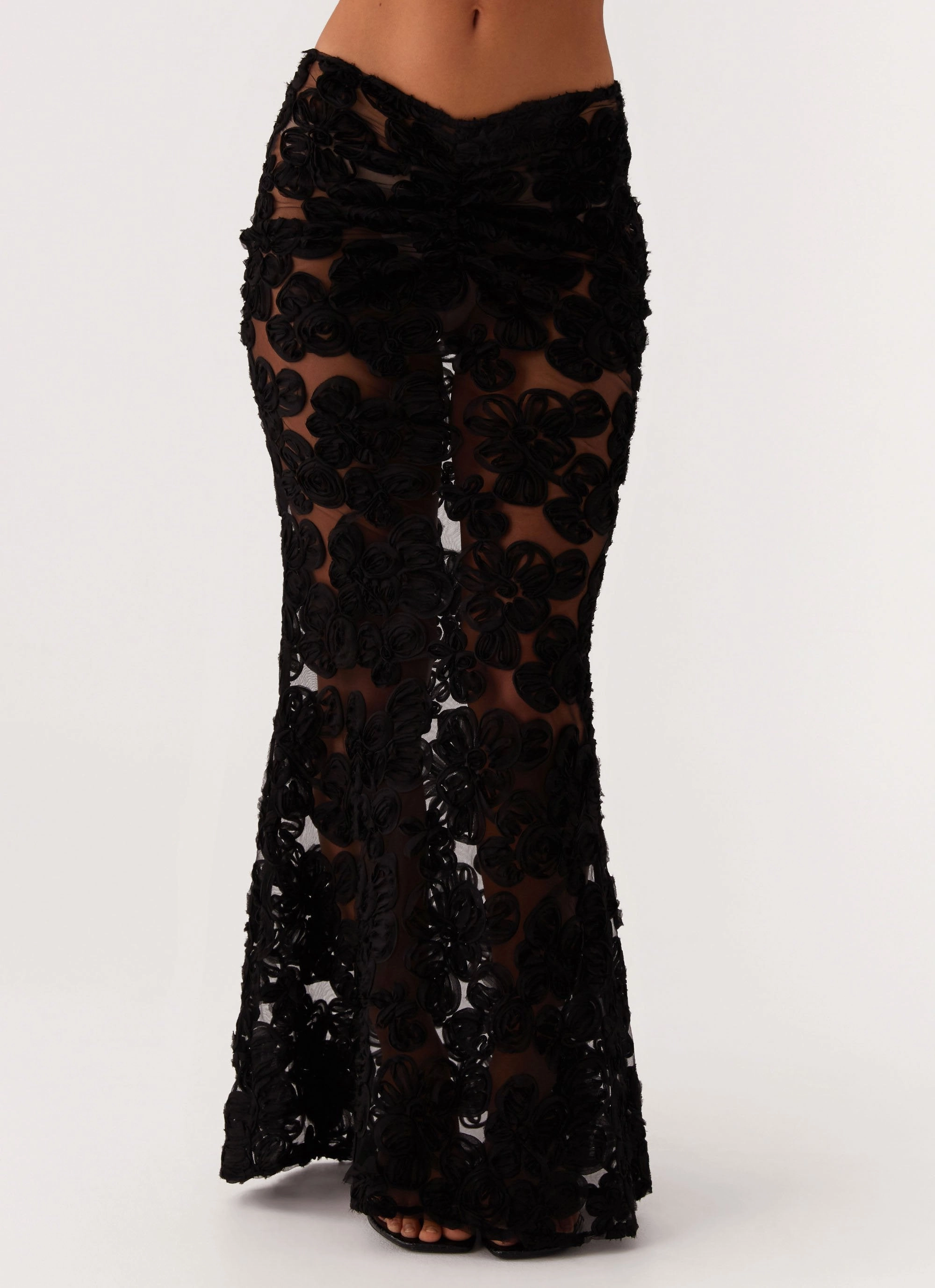 Embroidered Fabric Chilly Day Wear Fiorella Floret Maxi Skirt - Black