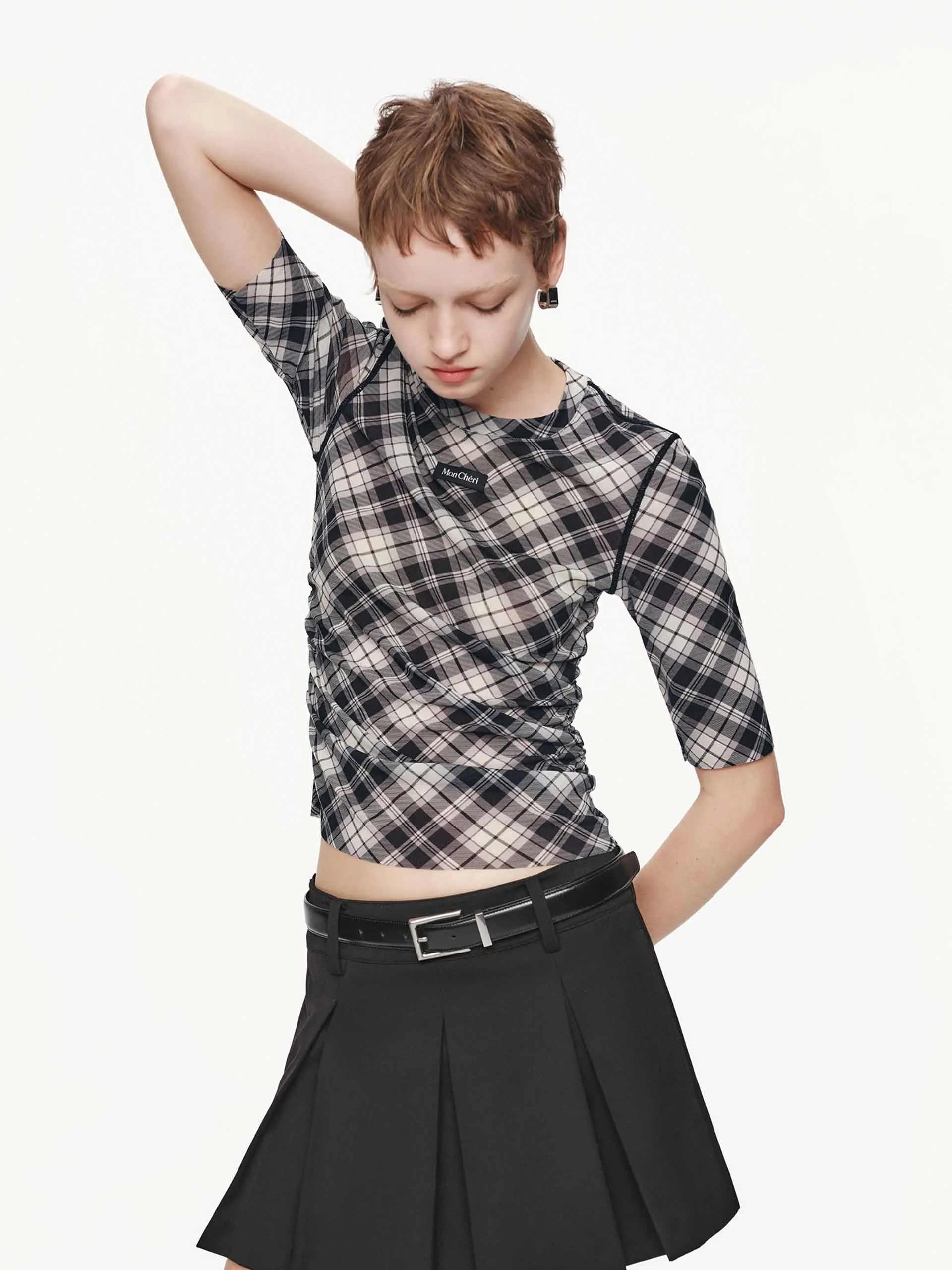 Ergonomic Sleeve Cut Multi Pocket Design Fitted Plaid Pattern Top