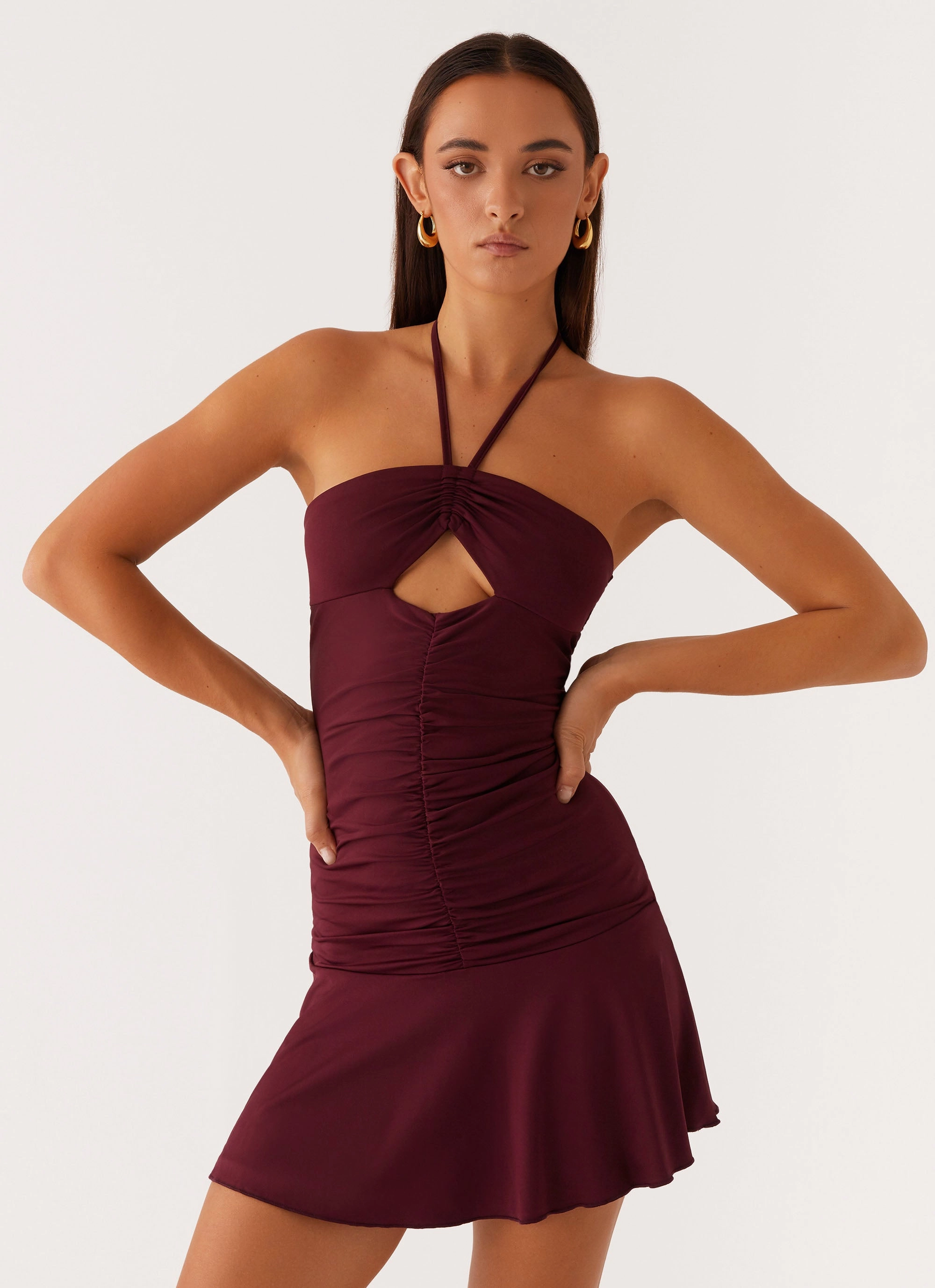 Katrina Halterneck Mini Dress - Deep Maroon Buckle-Detail Daily Ready