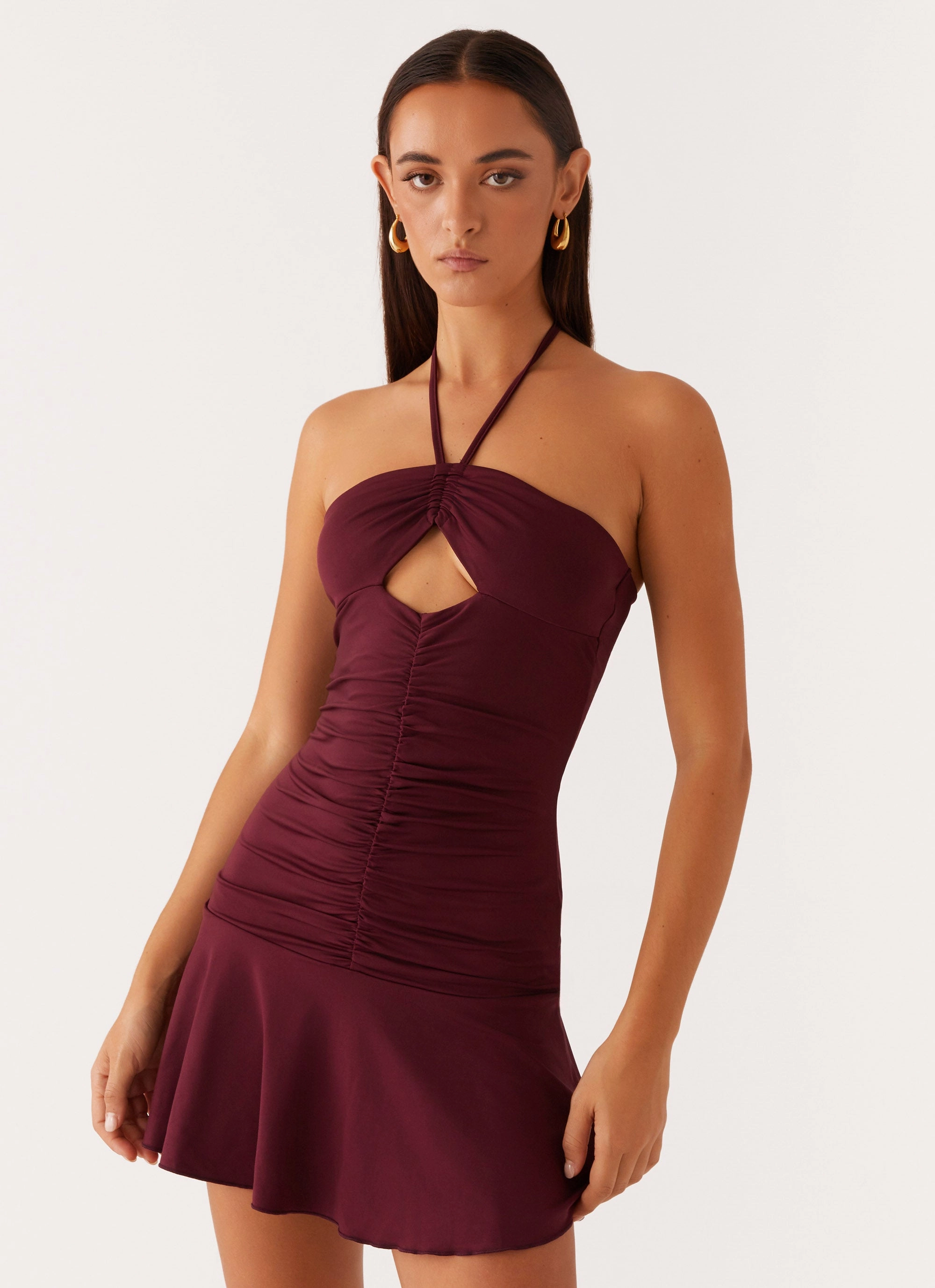 Katrina Halterneck Mini Dress - Deep Maroon Easy Layering Piece Trendy Cut