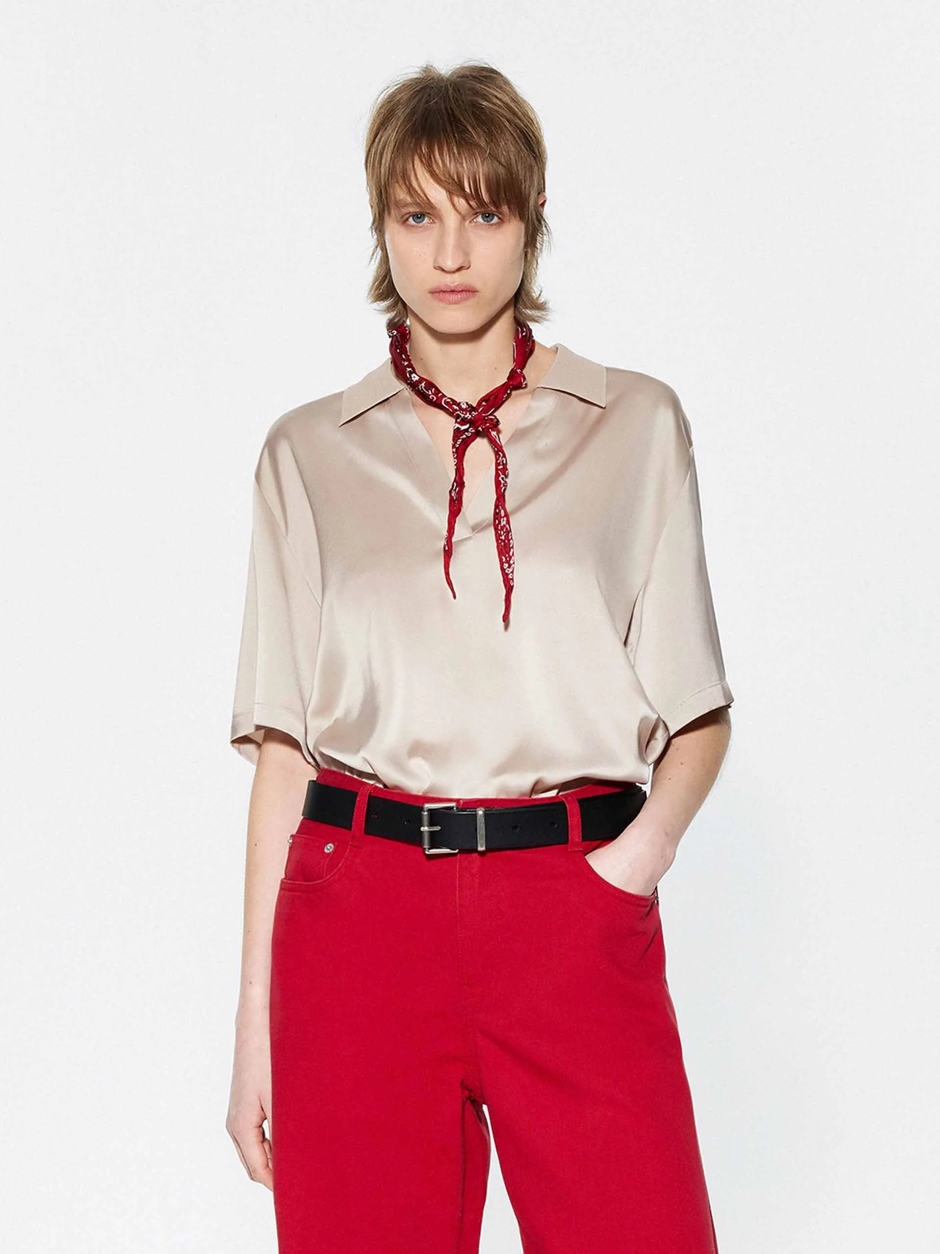 Perfect Fit Yoke Design Polo V-neck Blouse