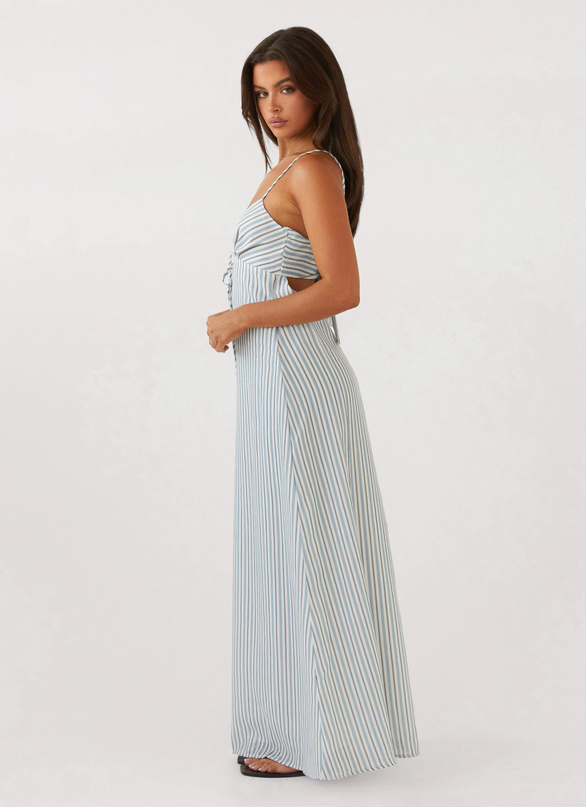 Flora Linen Maxi Dress - Blue Choc Stripe Back-Pocket