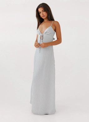 Flora Linen Maxi Dress - Blue Choc Stripe Flow Sleeve