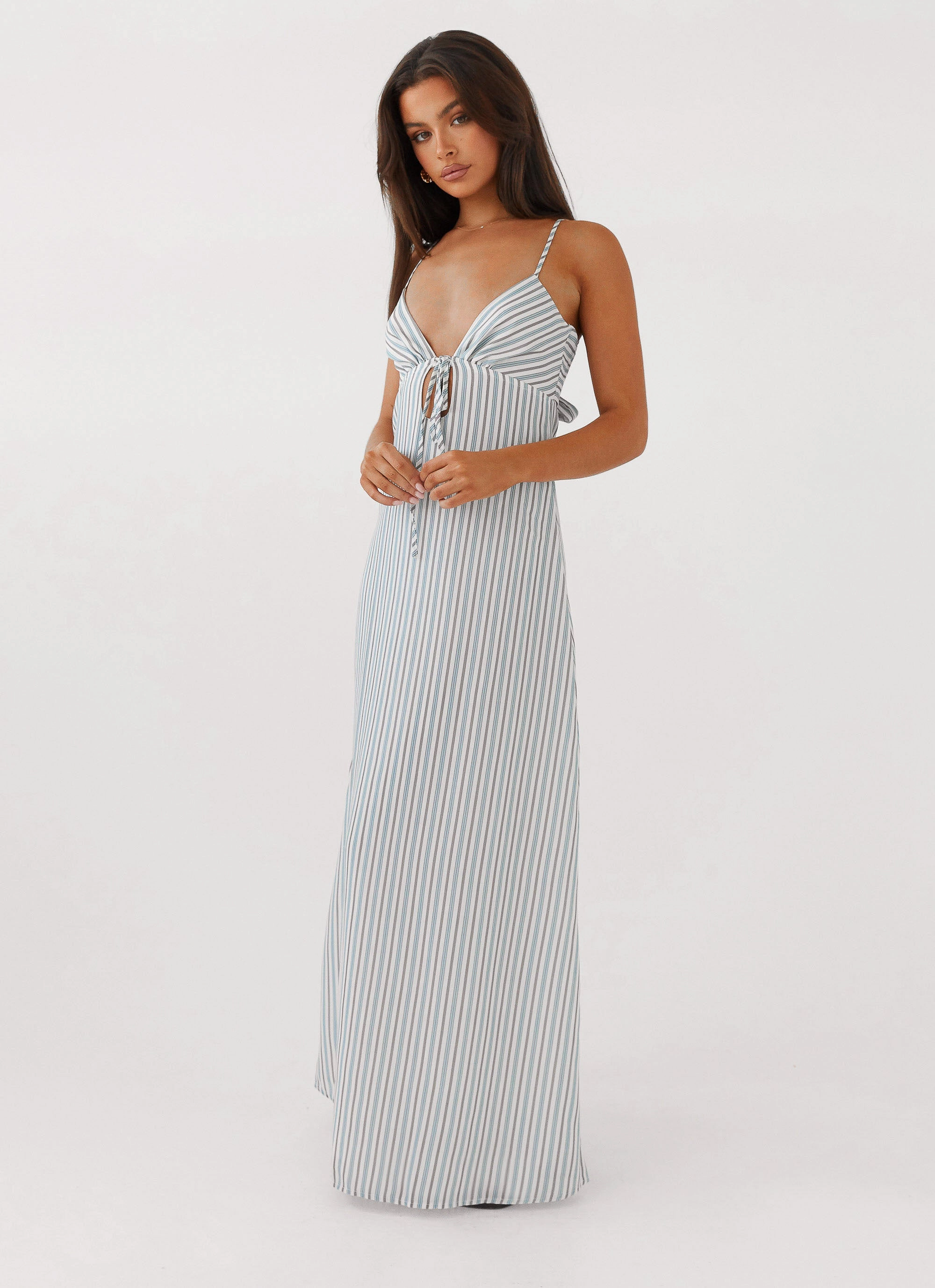 Flora Linen Maxi Dress - Blue Choc Stripe Flow Sleeve