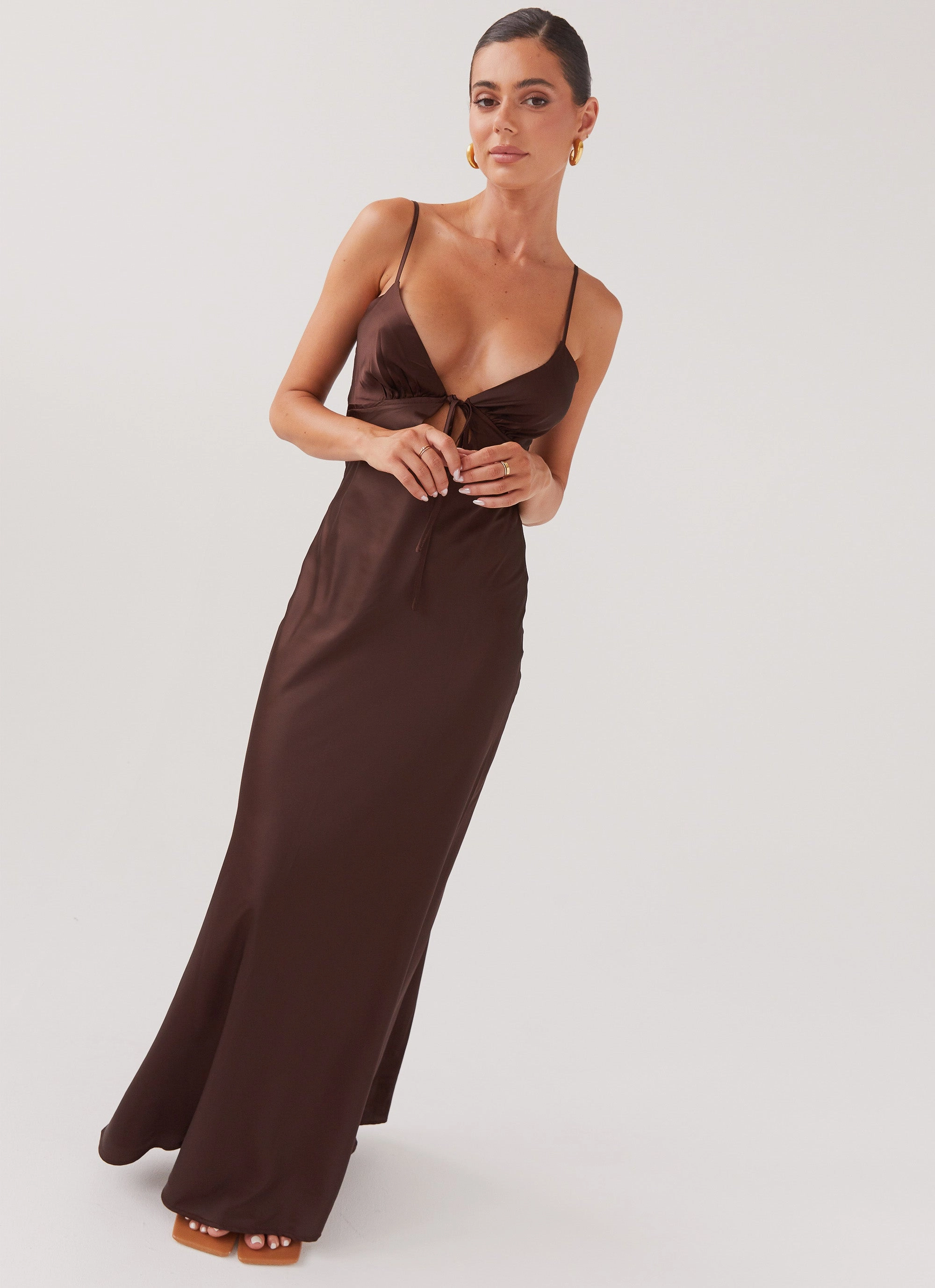Flora Satin Maxi Dress - Chocolate Flexible Style Festive Mood