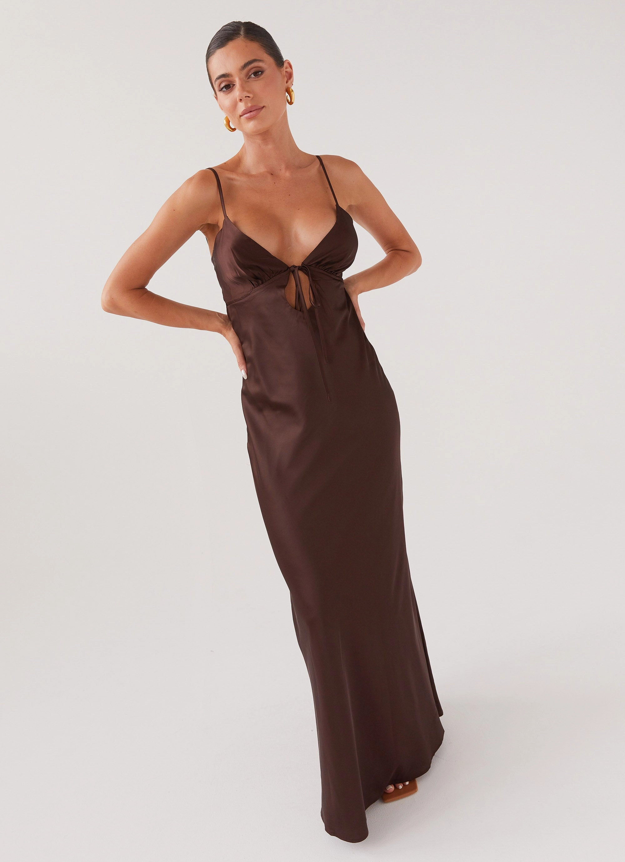 Air Layer Office Friendly Flora Satin Maxi Dress - Chocolate
