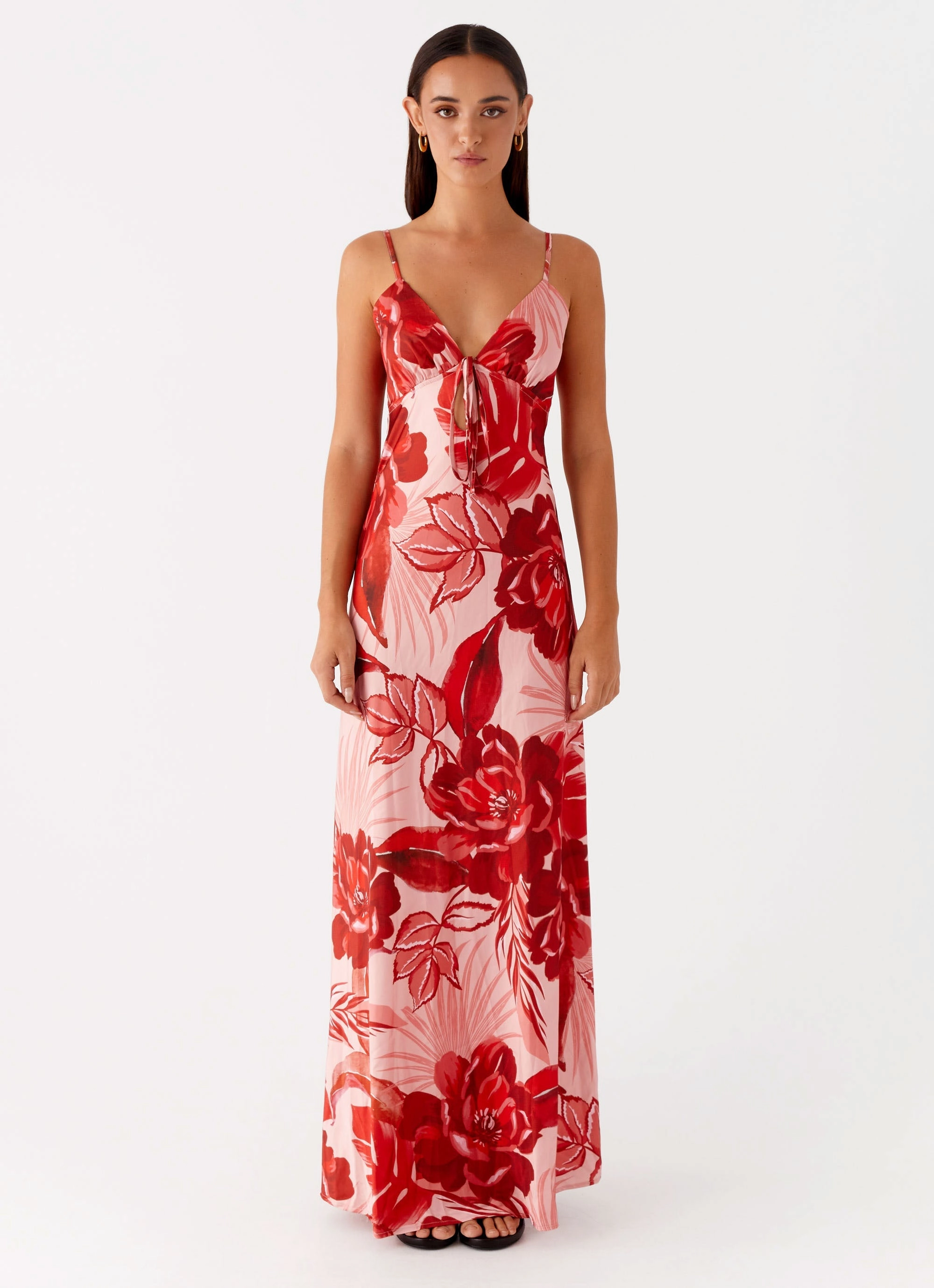 Cruise-Wear Flora Satin Maxi Dress - Sicily Sunsets Print