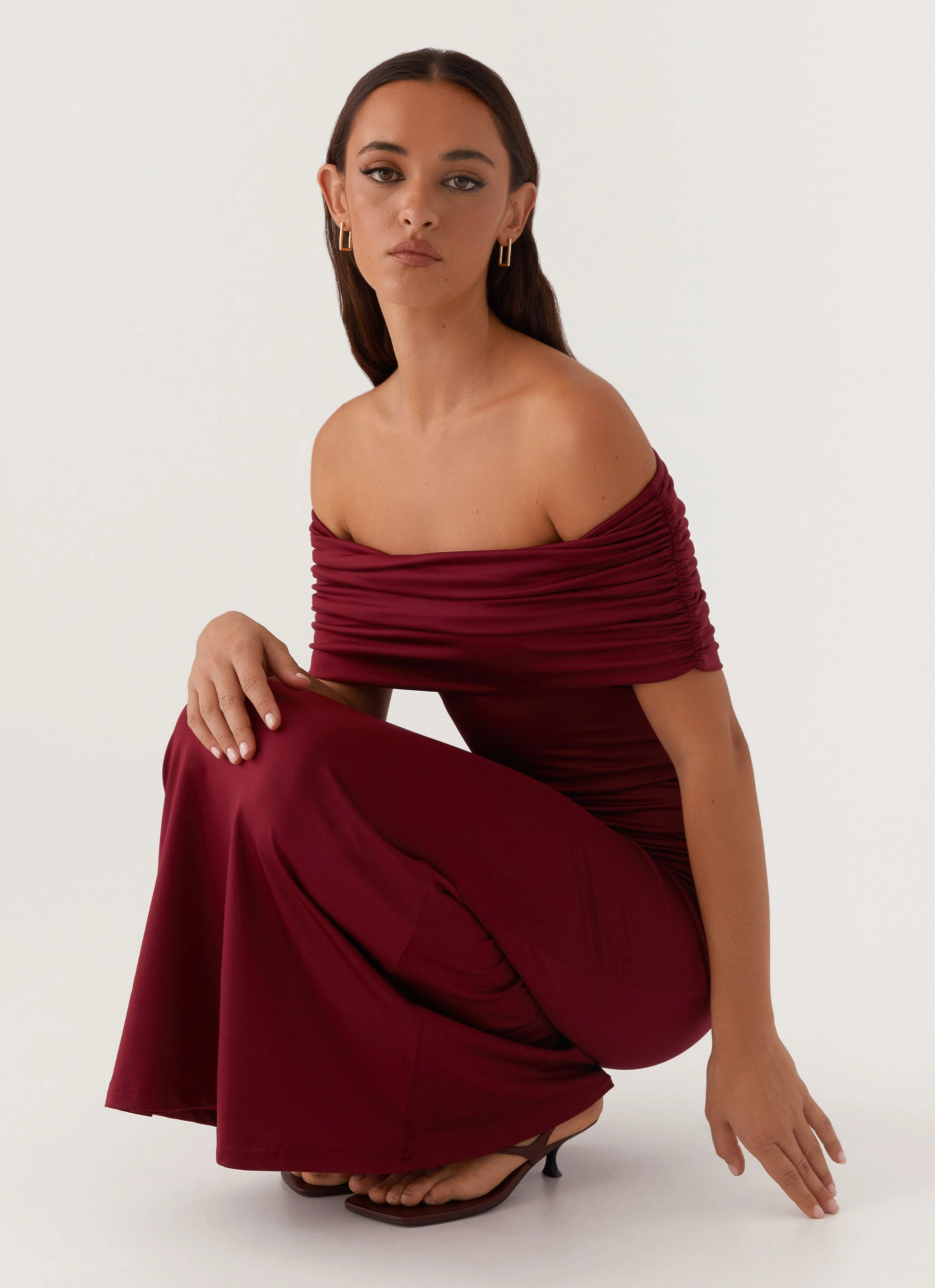 Maude Maxi Dress - Maroon Geometric-pattern Satin Touch