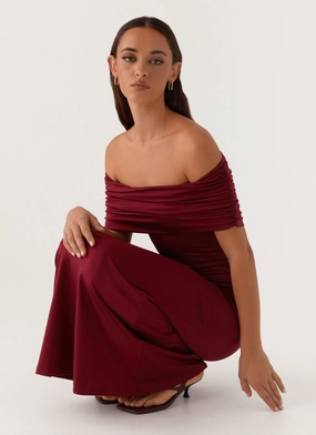 Maude Maxi Dress - Maroon Geometric-pattern Satin Touch