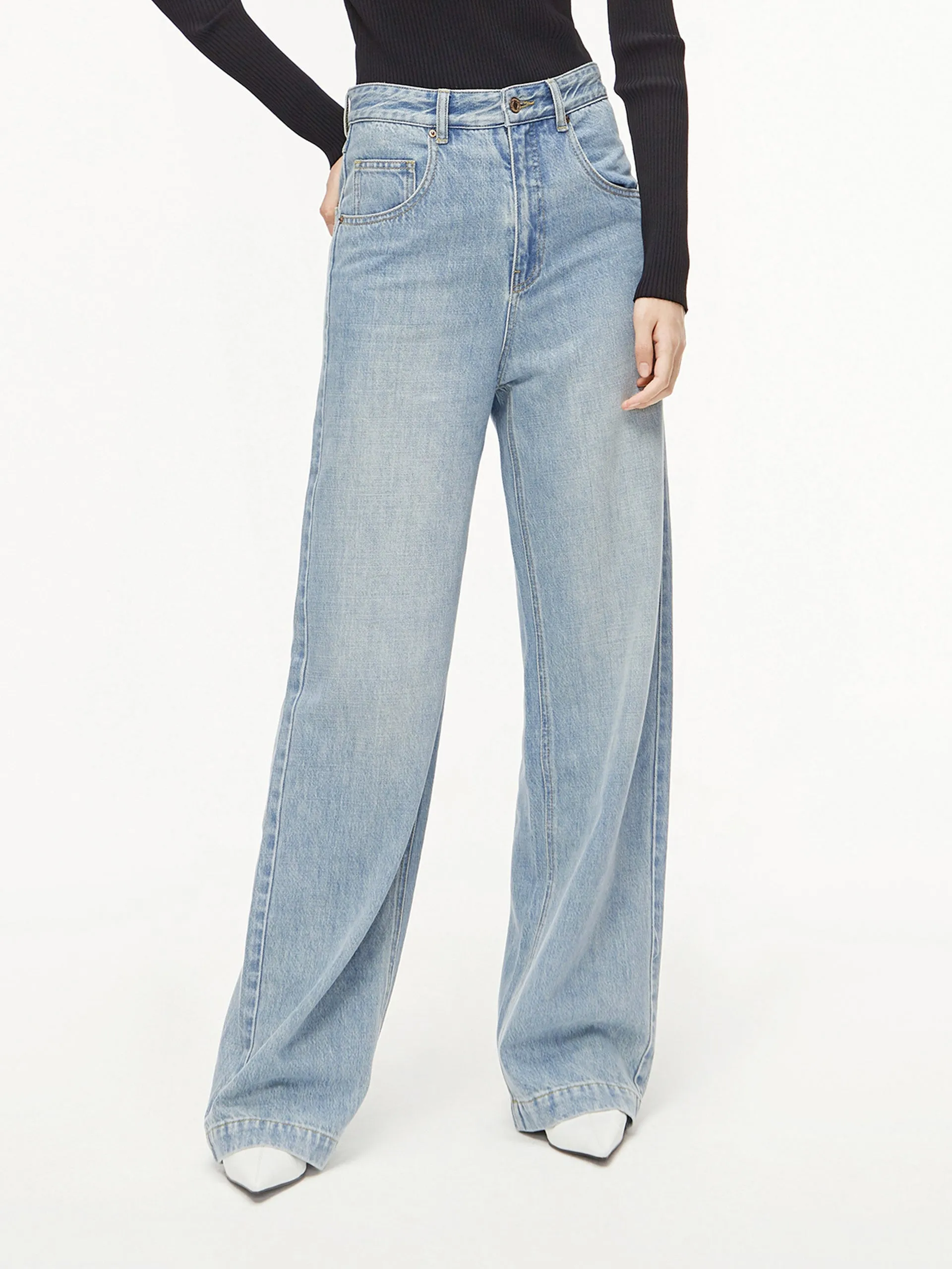 Flowy Long Wide Leg Jeans Utility Fit Laser Cut Edges