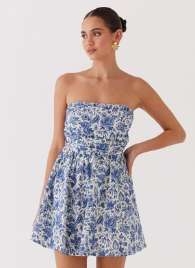 Mid Season Spring Garden Forget Me Not Linen Mini Dress - Blue Paisley