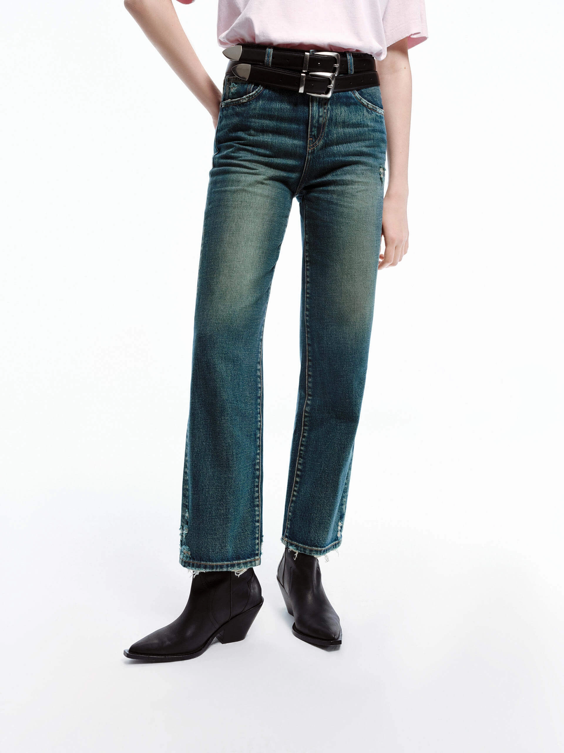 Frayed Detail Straight Jeans Customizable Fit Eco Friendly Dye Process