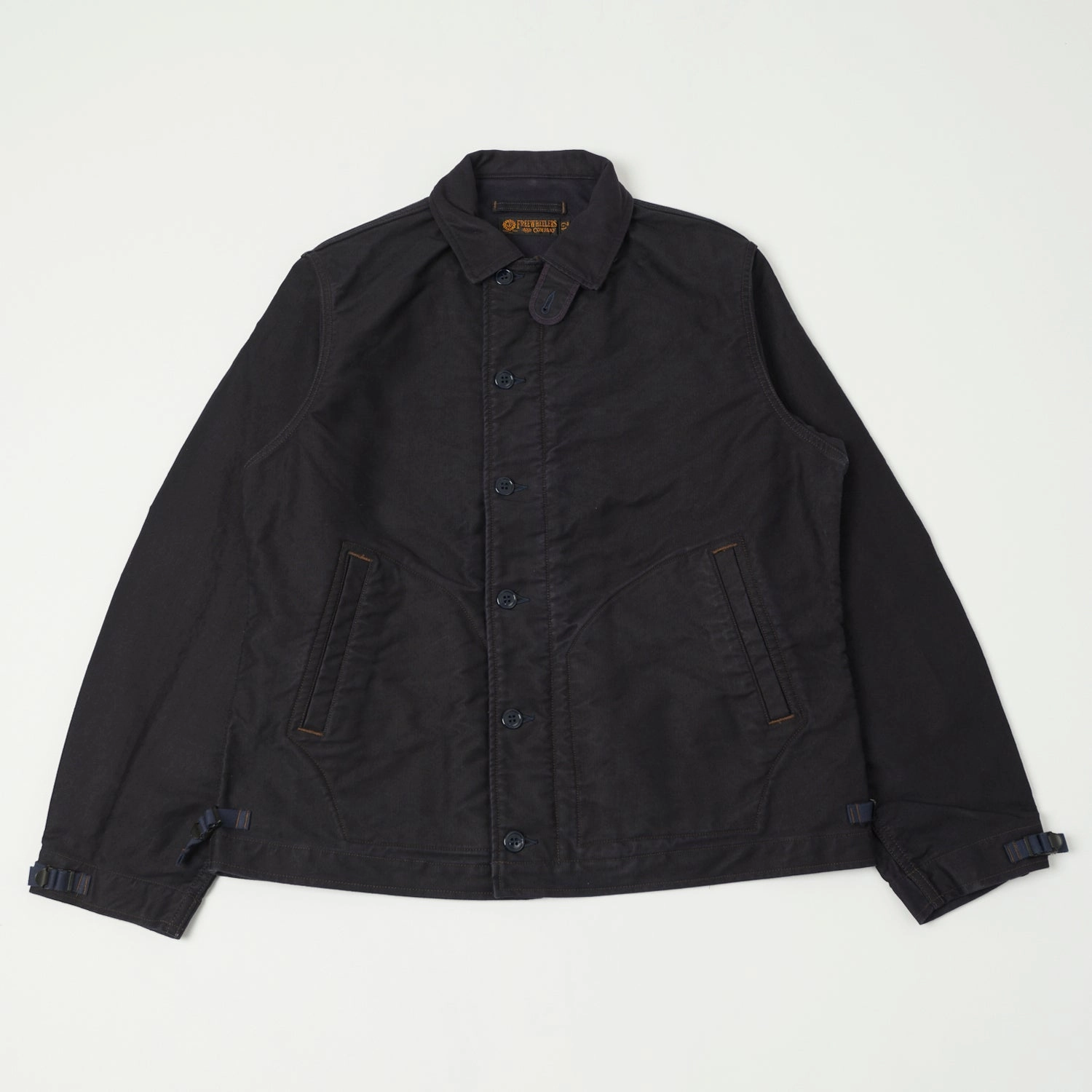 Freewheelers & Co Deck Worker Jacket - Deep Navy Bold Lines Hooded Version
