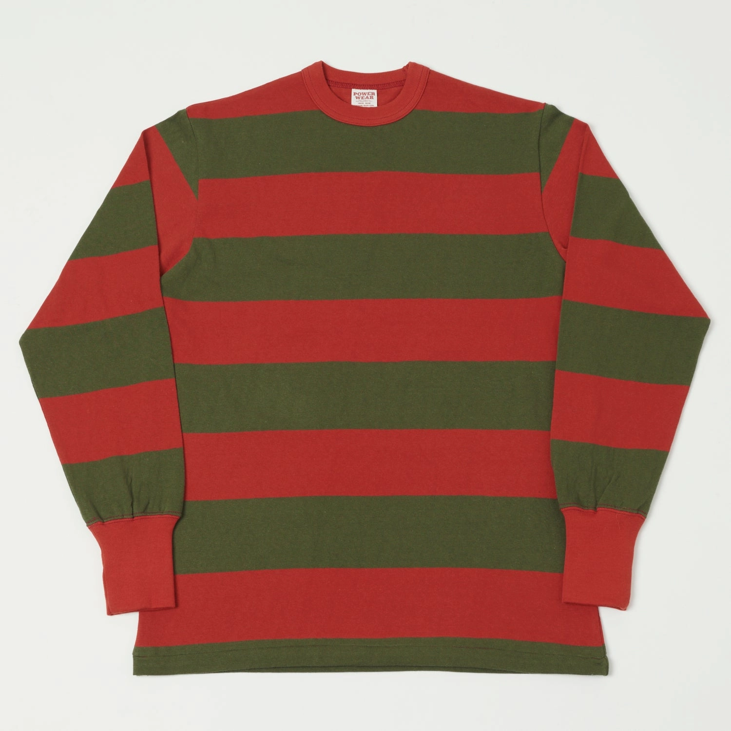 Biodegradable Textile Matte Look Freewheelers & Co Power Wear Horizontal Stripe Set-In Long Sleeve Tee - Red/Olive