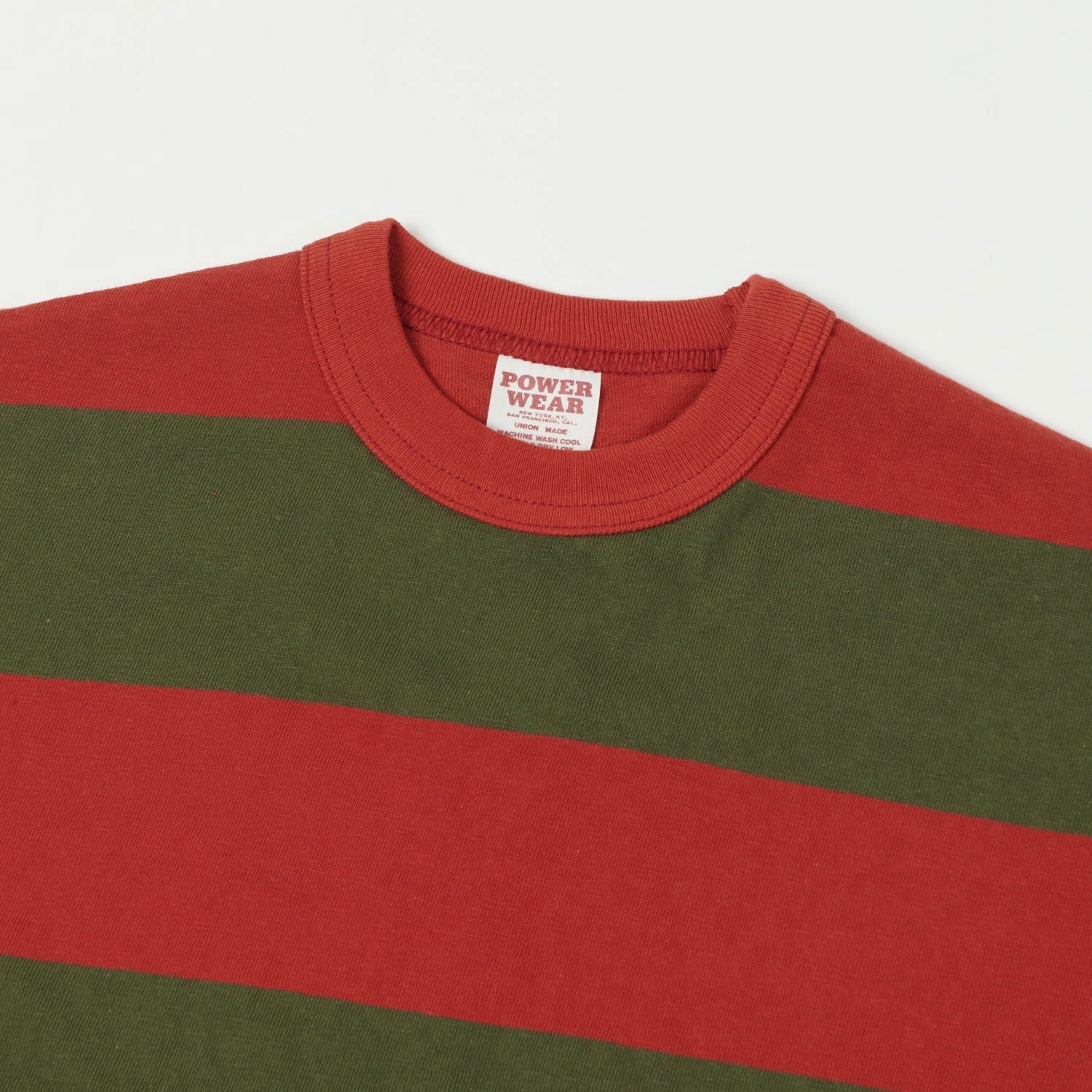 Freewheelers & Co Power Wear Horizontal Stripe Set-In Long Sleeve Tee - Red/Olive Breathable Stretch Fit Layered Neckline