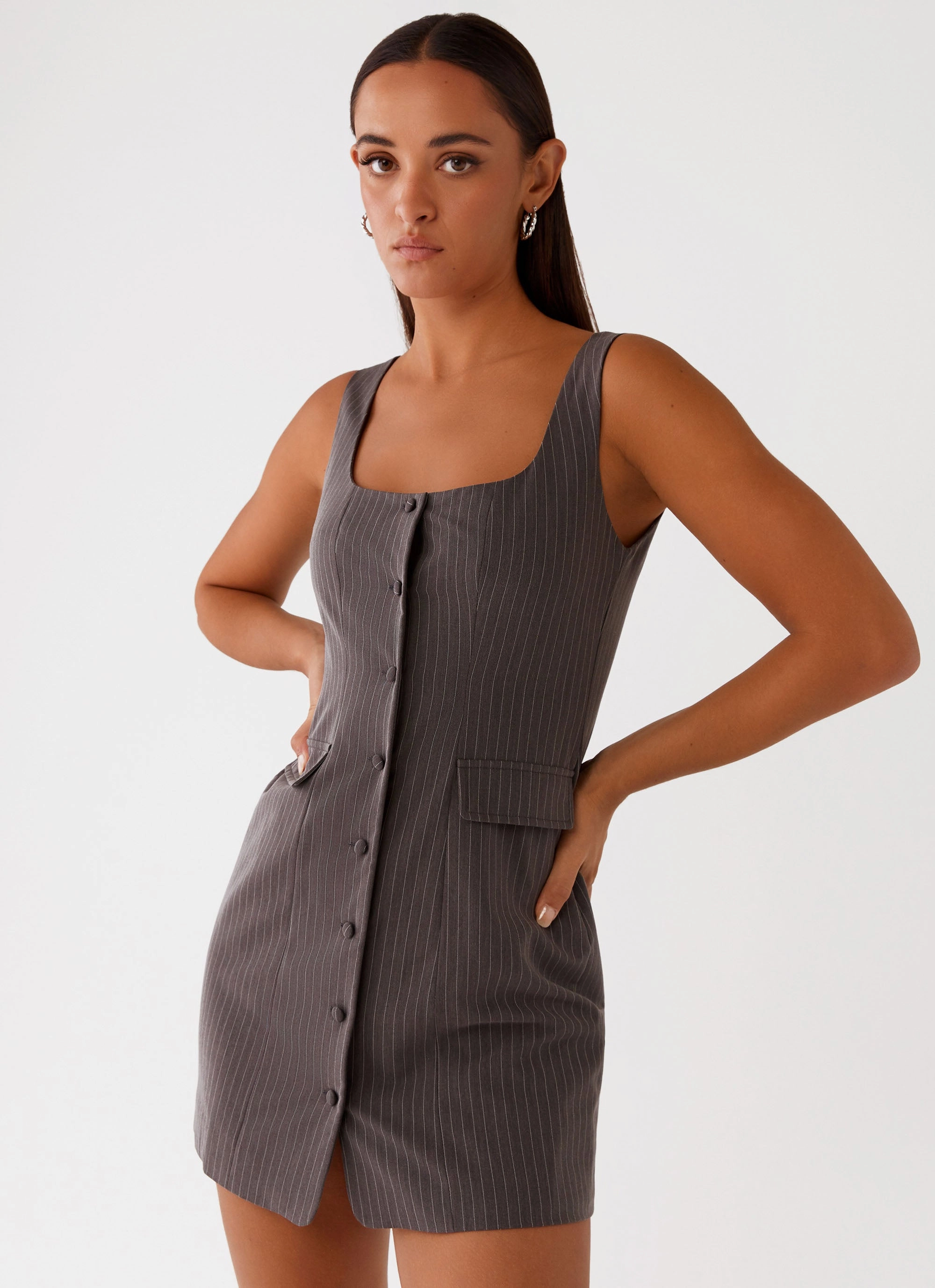 Light Aesthetic Side Slit Westwood Mini Dress - Grey Pinstripe