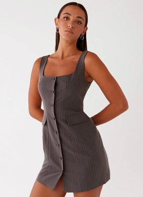 MultiPurposePockets Urban Chic Westwood Mini Dress - Grey Pinstripe