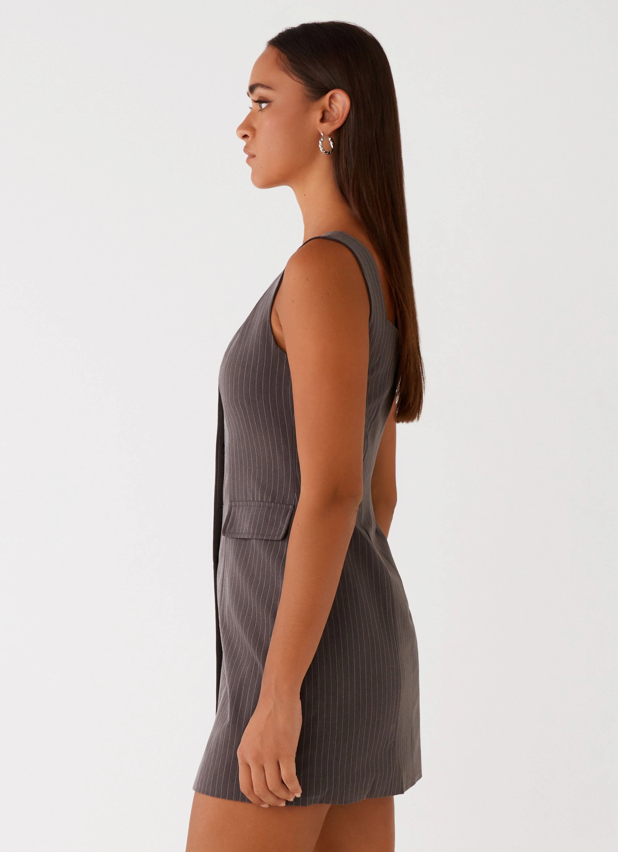 Soft Neutral Westwood Mini Dress - Grey Pinstripe