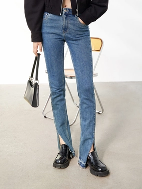 Fringe Slit Cotton Jeans Office Wear Trendy Home Comfort