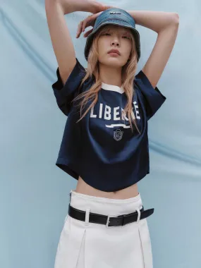 Front Letter Loose T-shirt Polished Placket Soft Stretch Collar