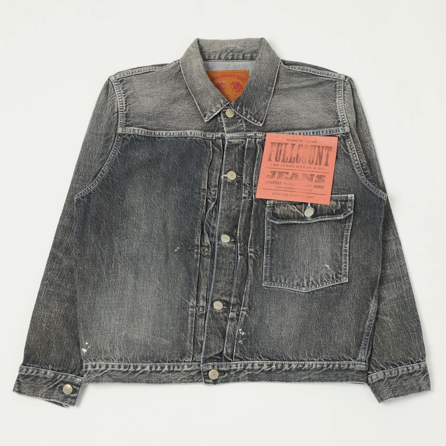 Full Count 2107 13.5oz Type I Denim Jacket - Black Splatter Dartford Wash Taped Neckline Seams Hiking Style