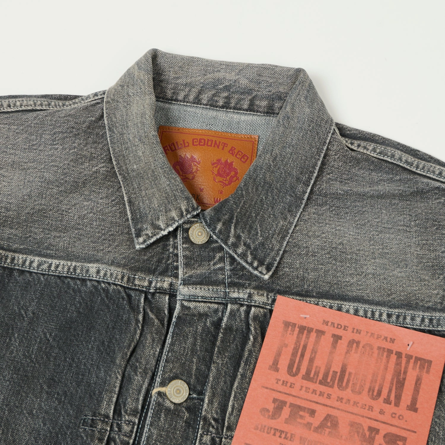 Full Count 2107 13.5oz Type I Denim Jacket - Black Splatter Dartford Wash Collapsible Hood Structure Striped