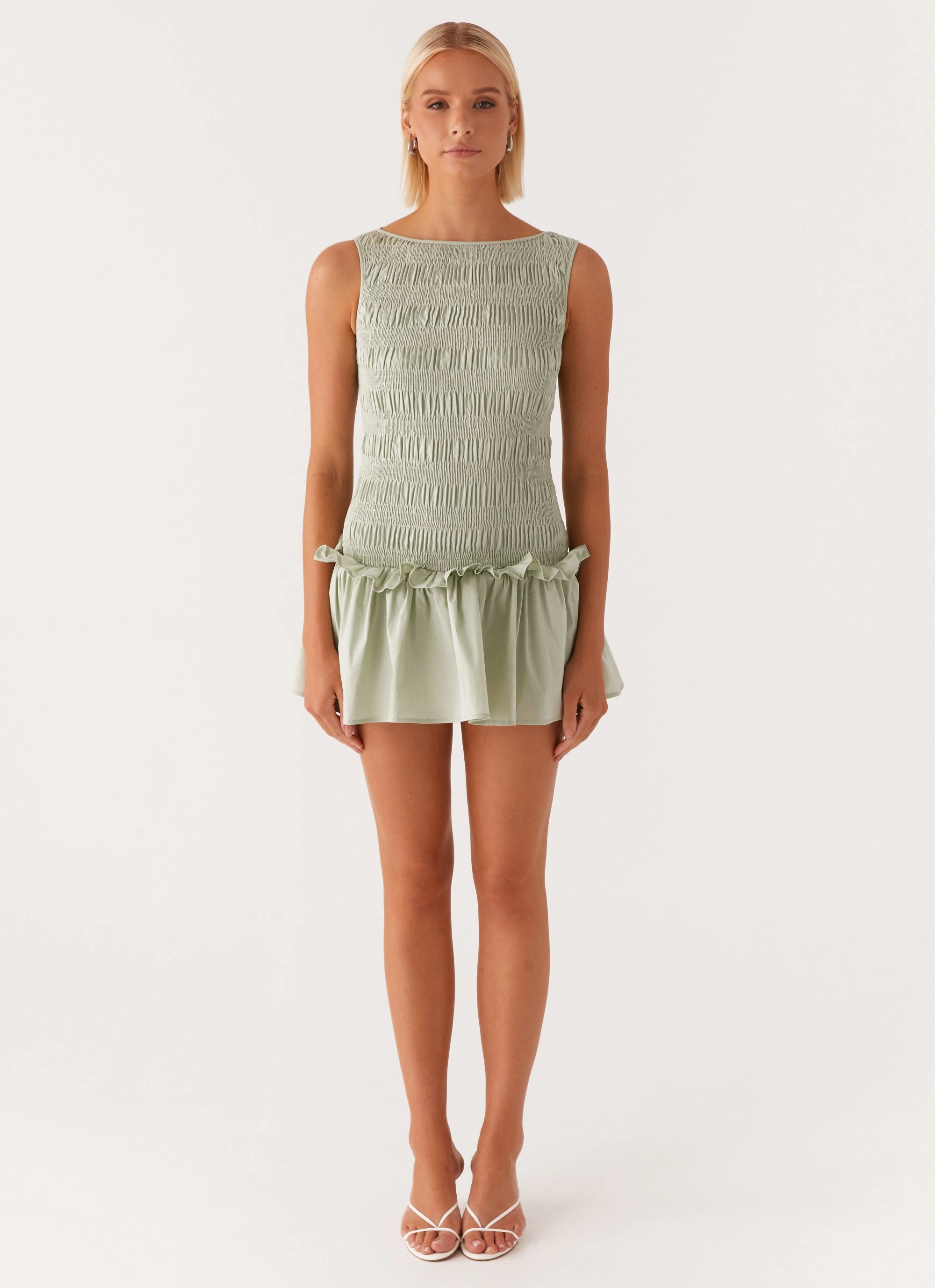 Garden Kisses Shirred Mini Dress - Sage Fresh Outfit