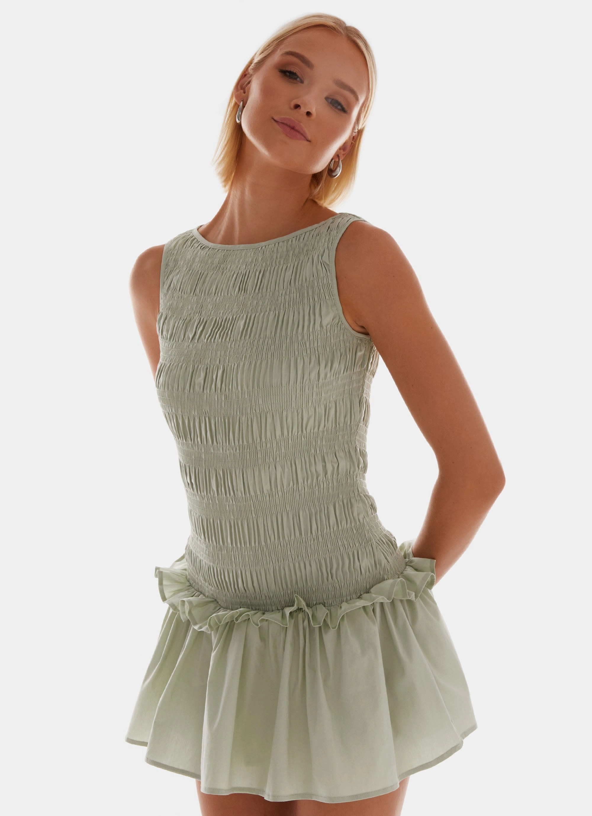 Organic-Fabric Velvet-Edge Garden Kisses Shirred Mini Dress - Sage