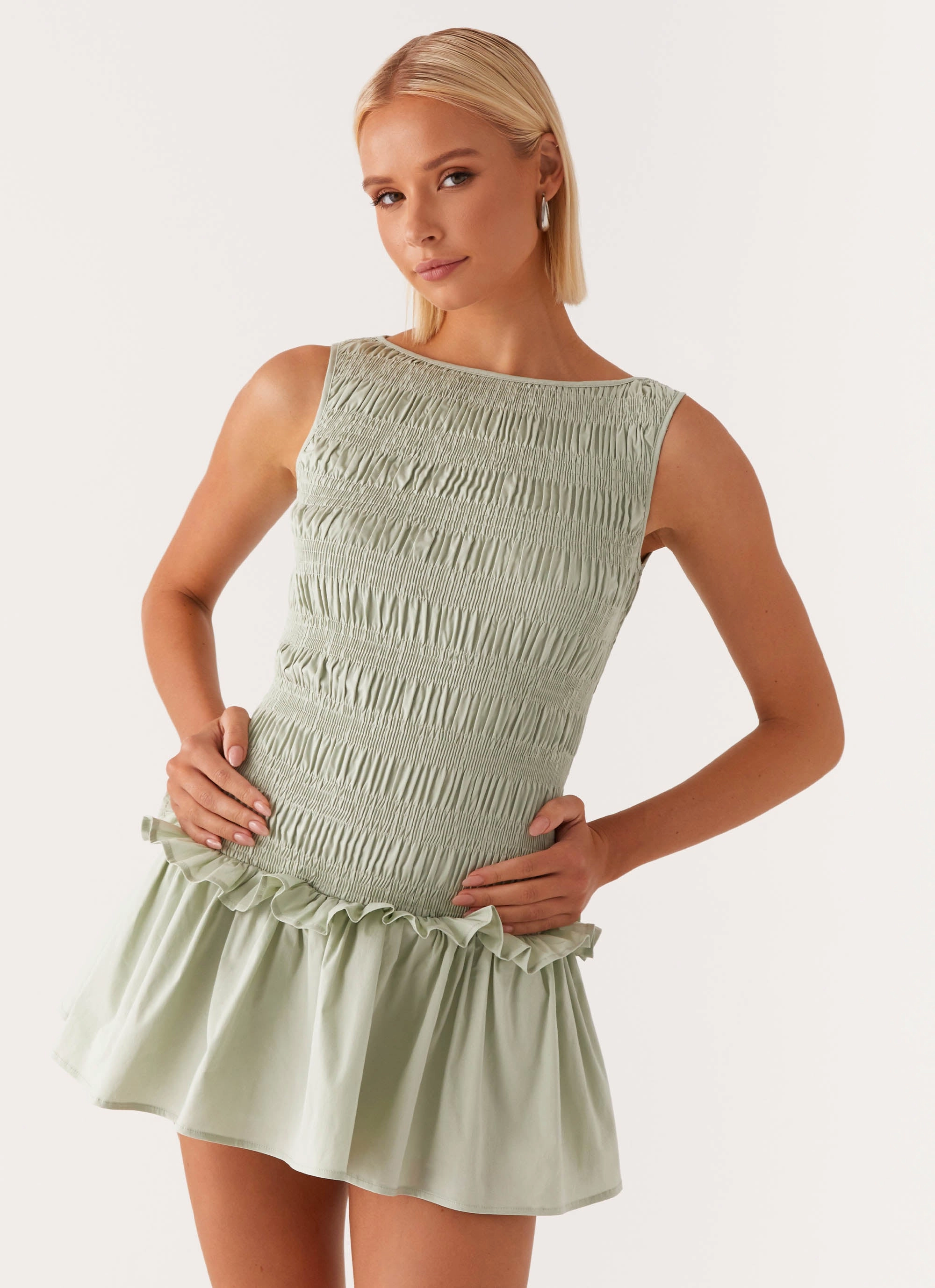 Garden Kisses Shirred Mini Dress - Sage Clean Lines
