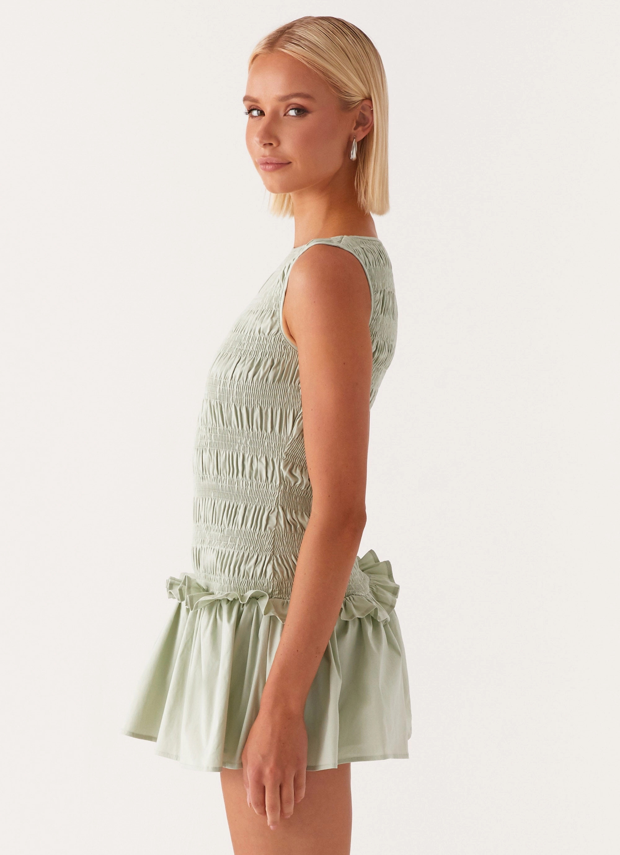 Eco Friendly Garden Kisses Shirred Mini Dress - Sage