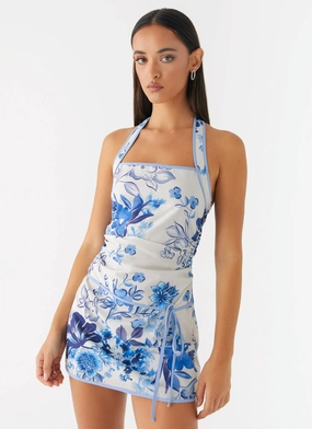 Texture Edge Back-Pocket Garden Party Mini Dress - Serene Sky Floral