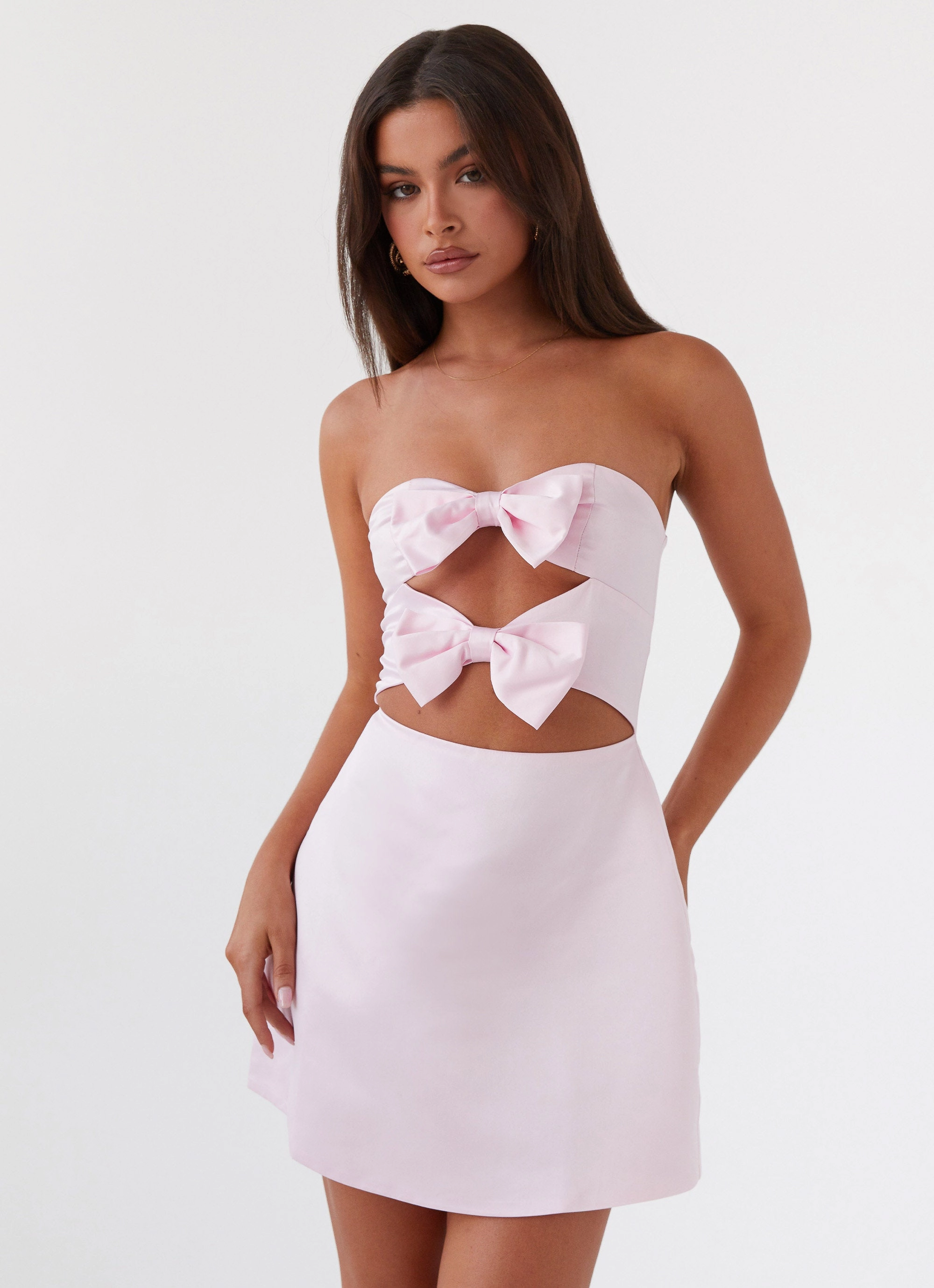 Girl Crush Bow Mini Dress - Pink Weekend Favorite Glossy Fabric