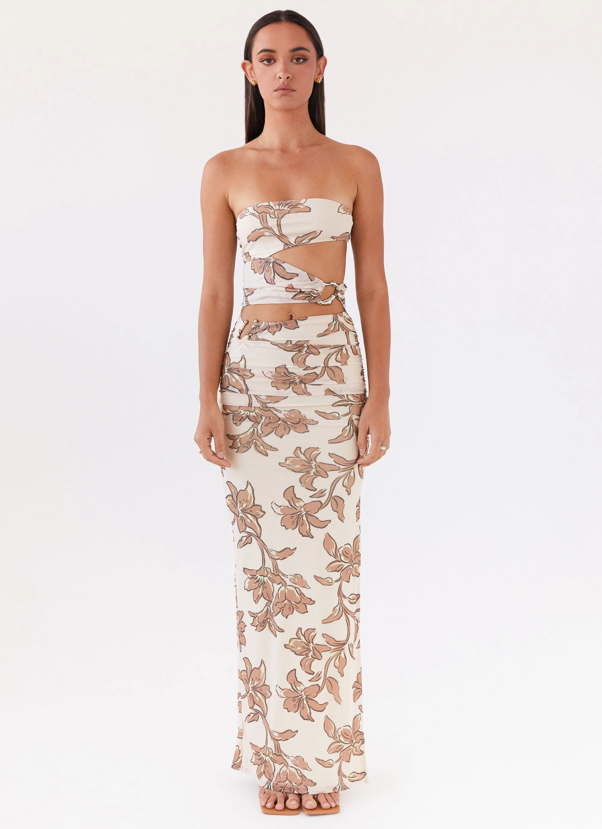 Into Pieces Mesh Maxi Dress - Hazel Bloom Patterned-Fabric Subtle Detail