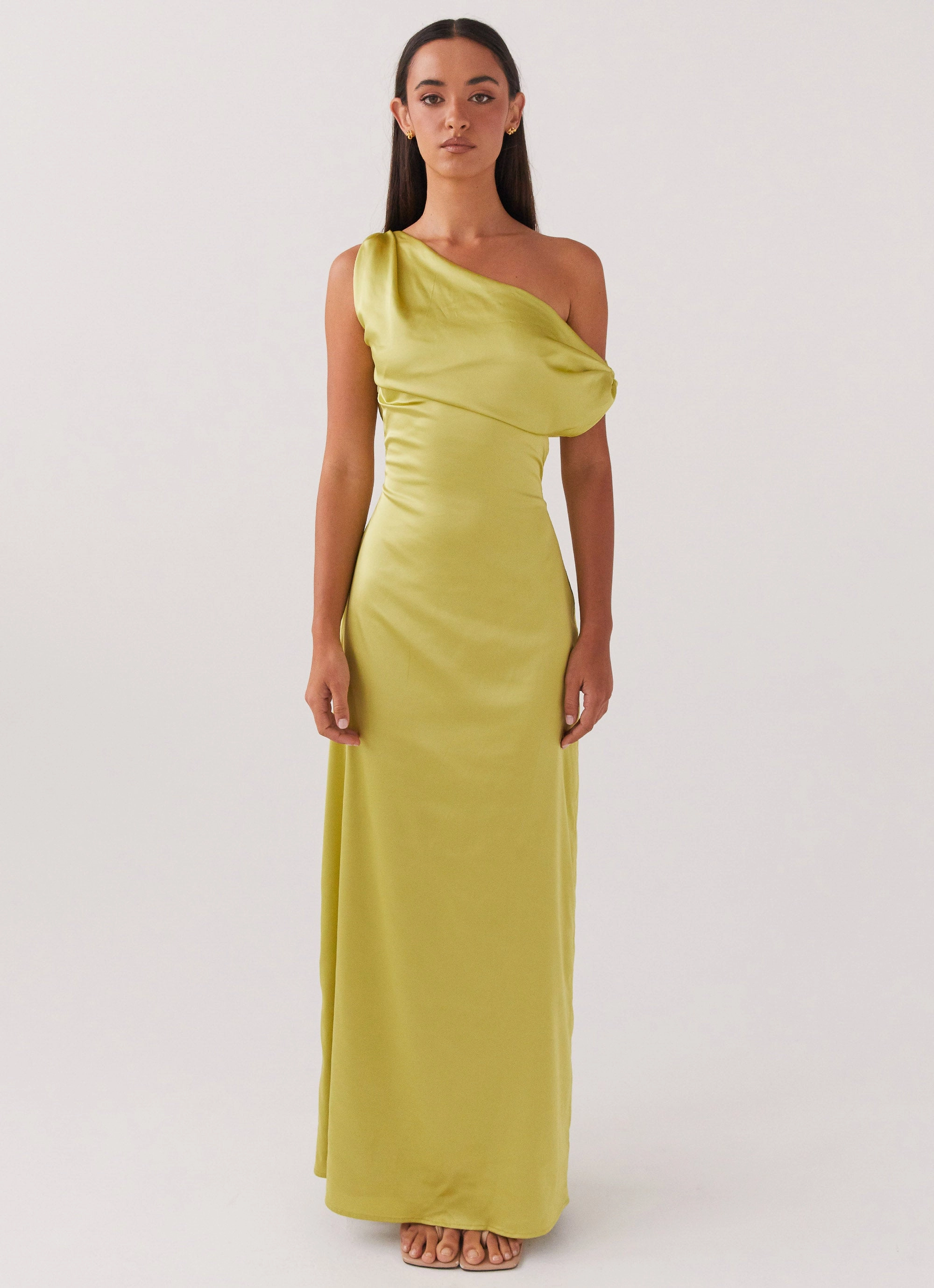 Flattering and Effortless Multi Season Heart Of Glass Satin Maxi Dress - Chartreuse