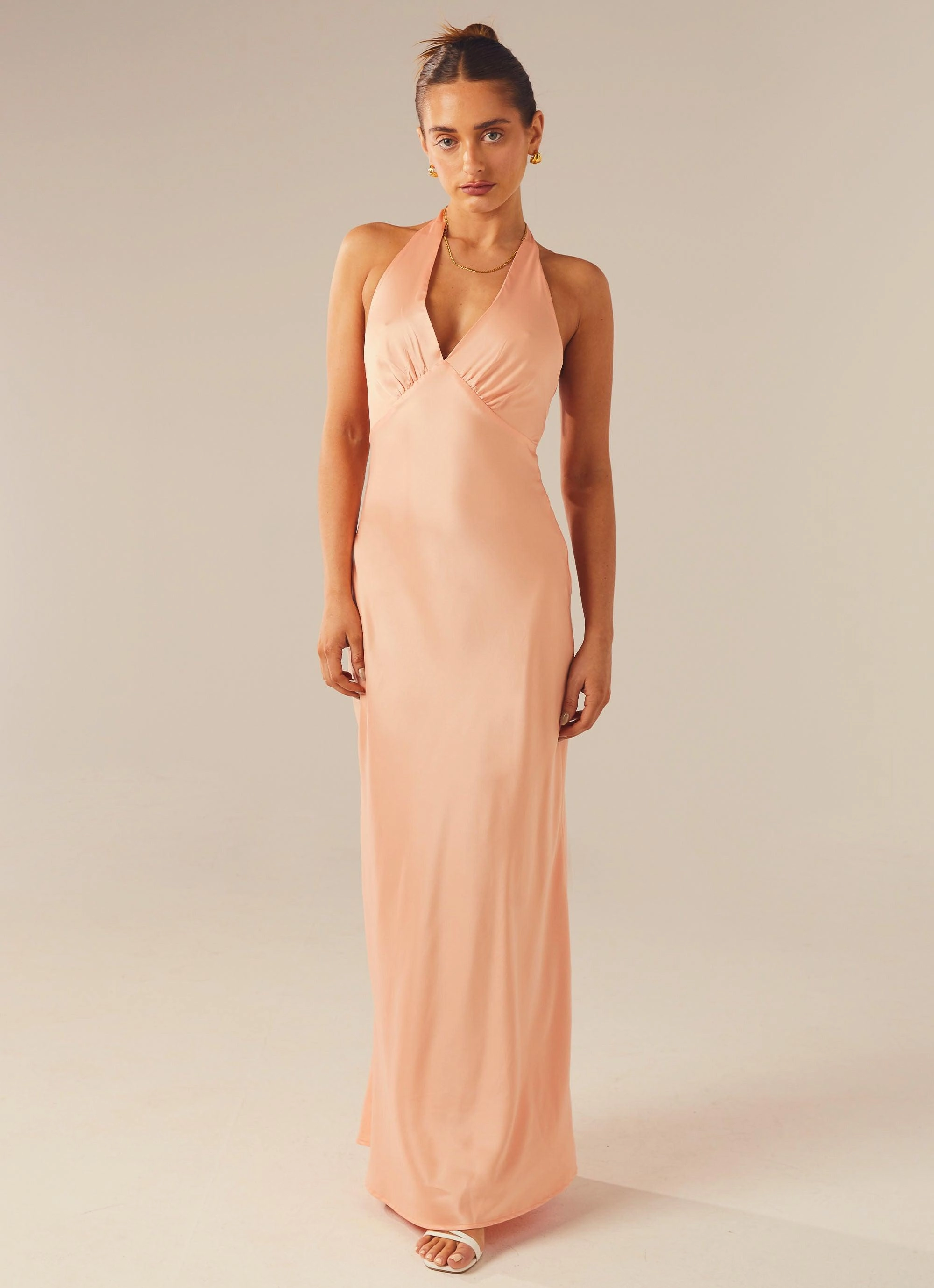 Heavy Hearted Satin Maxi Dress - Peach Natural Light