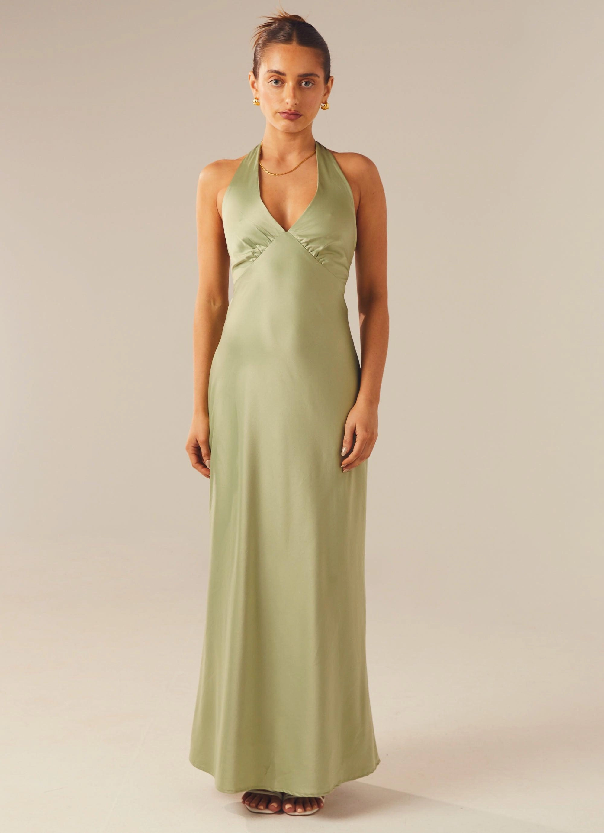 Heavy Hearted Satin Maxi Dress - Sage Chill Detail