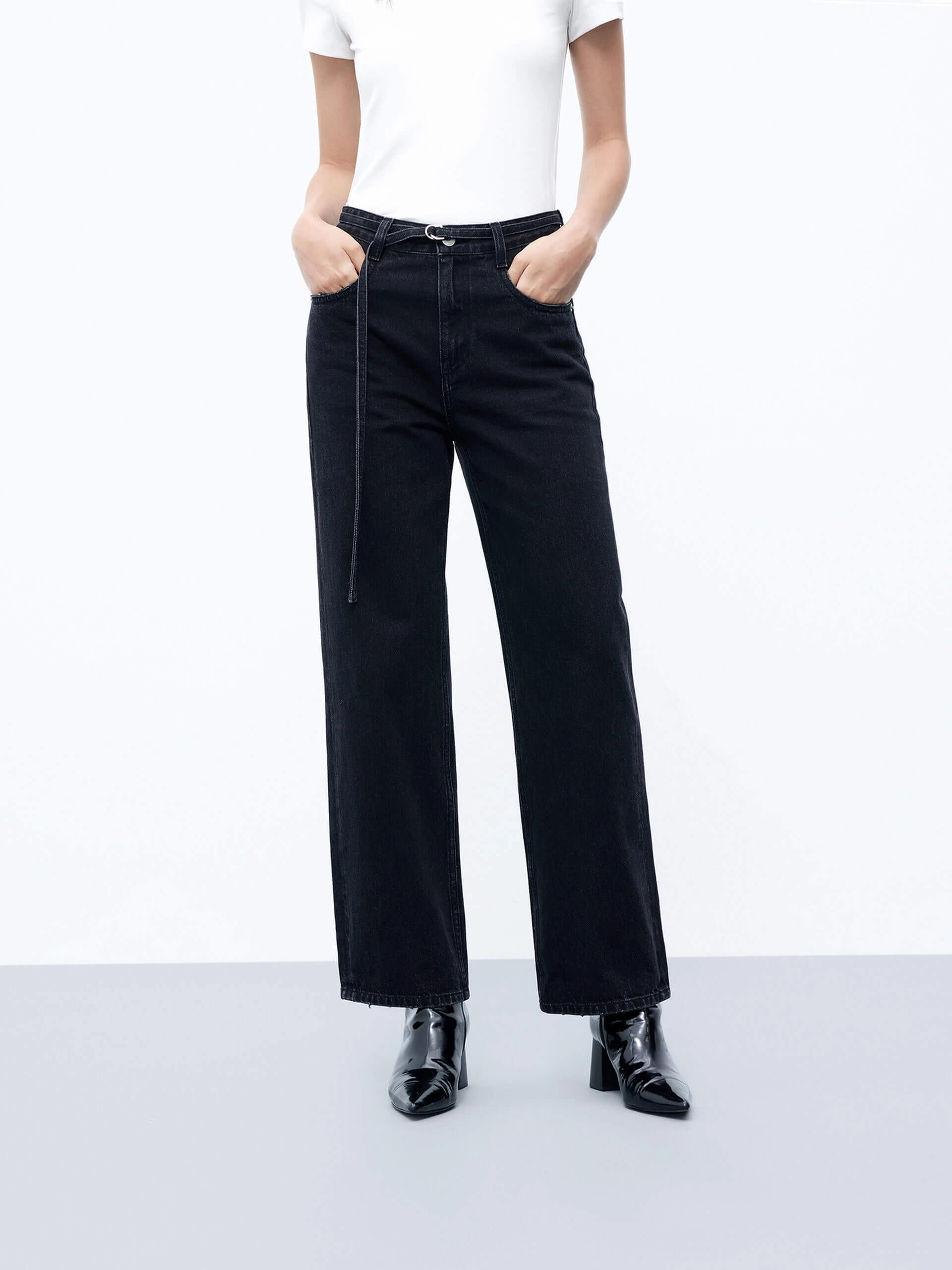 Include Belt Straight Jeans Relaxed Taper Flexible Fit