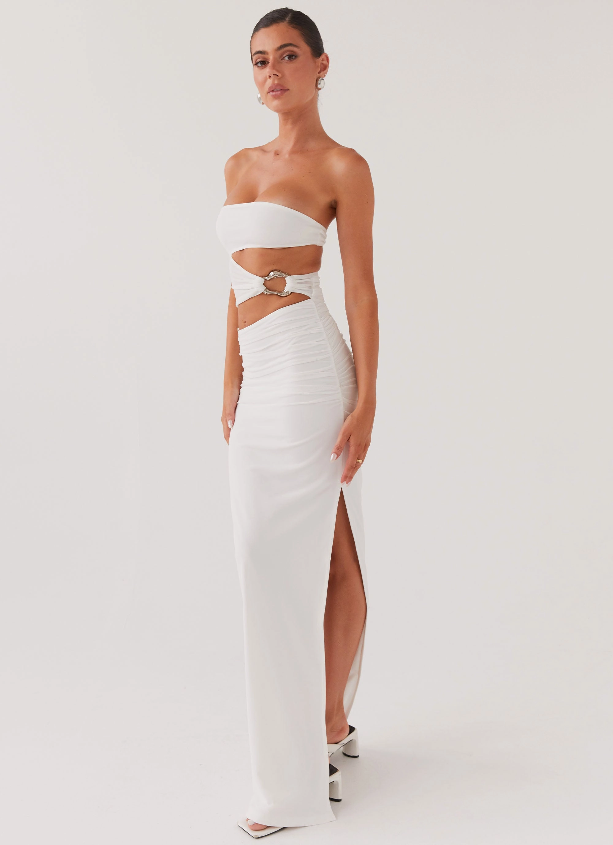 Into Pieces Mesh Maxi Dress - White Flattering Style