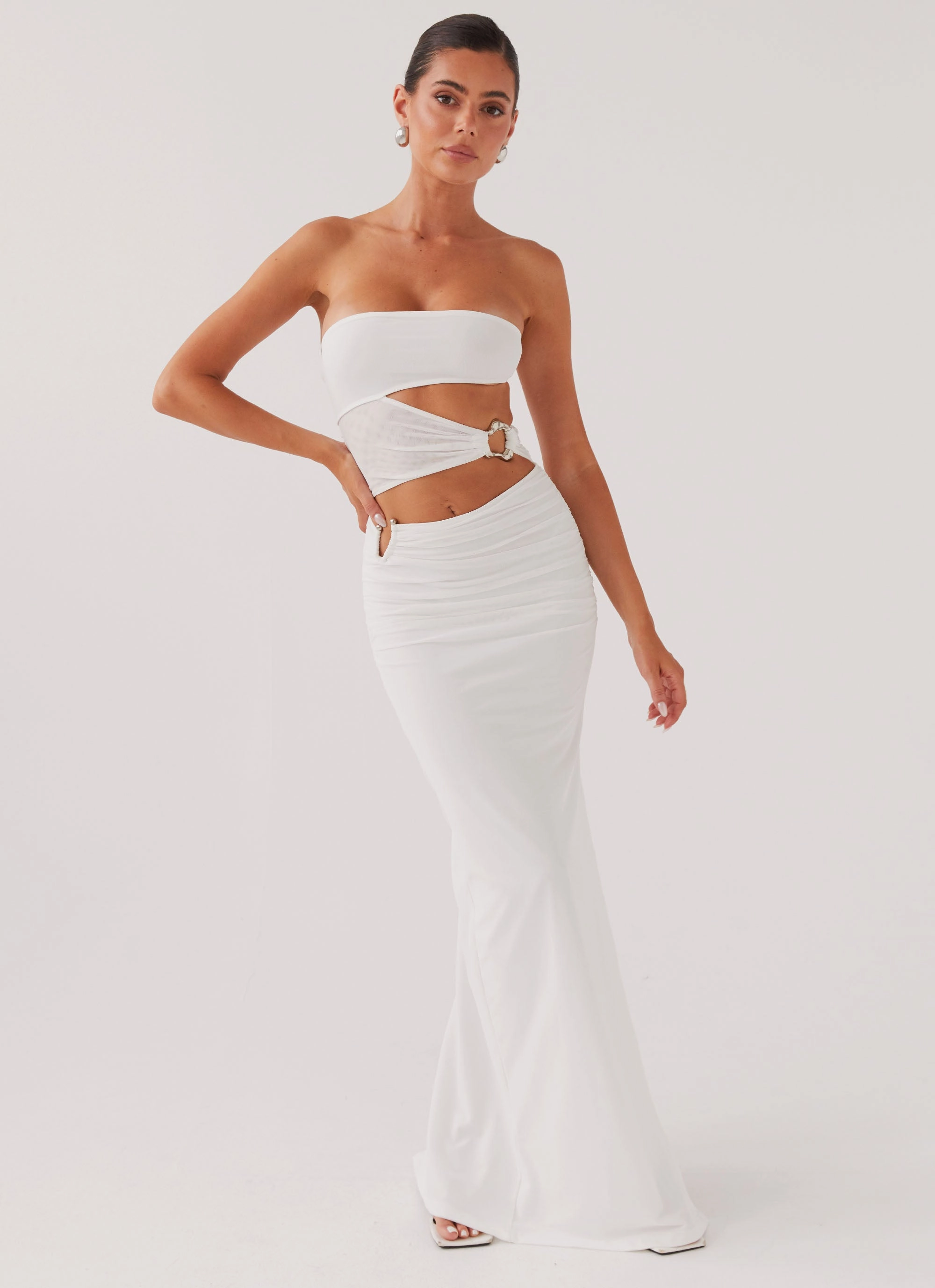 Into Pieces Mesh Maxi Dress - White Scalloped-Edge