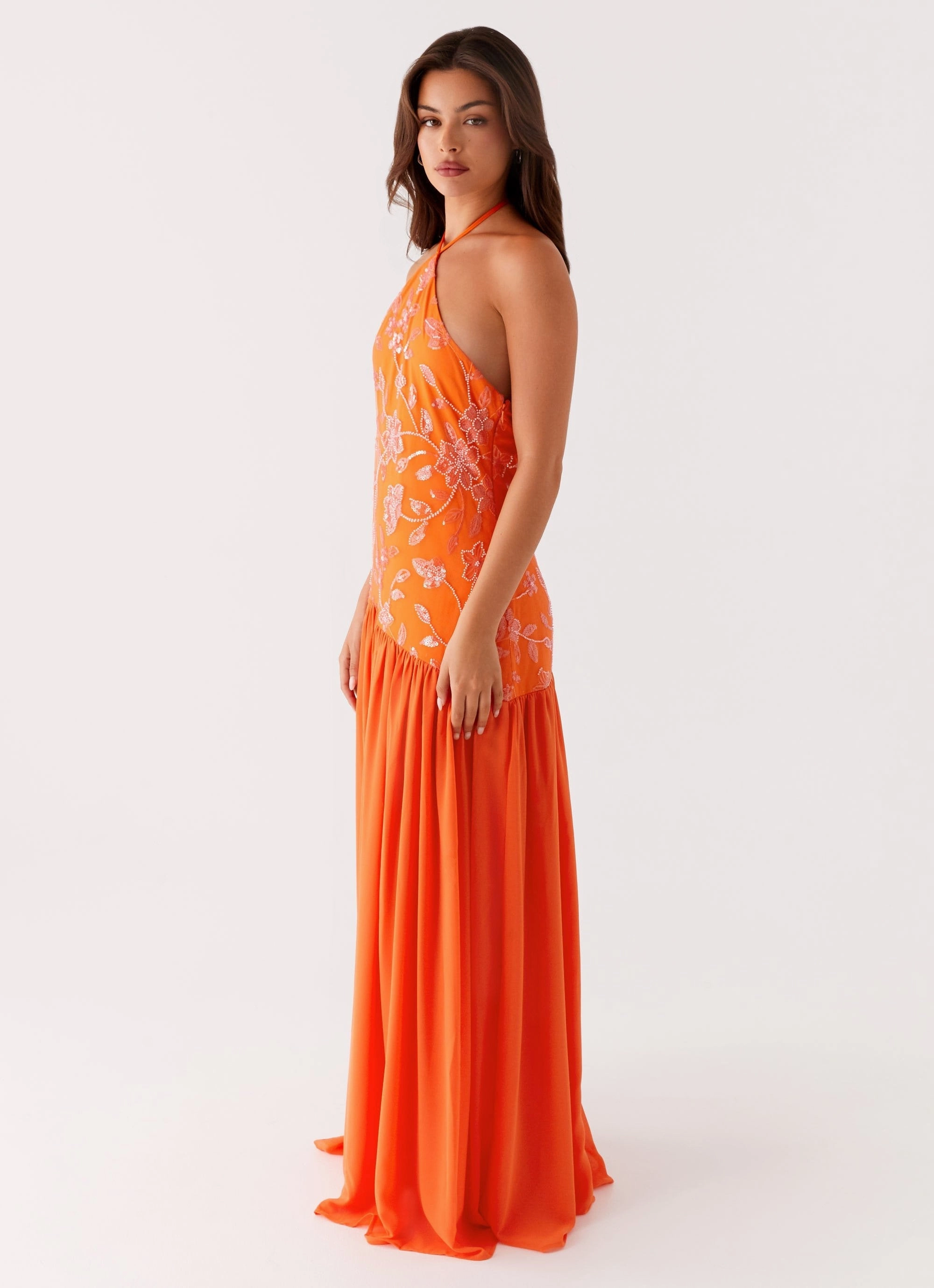 Front Detail Subtle Lines Janelle Beaded Maxi Dress - Orange