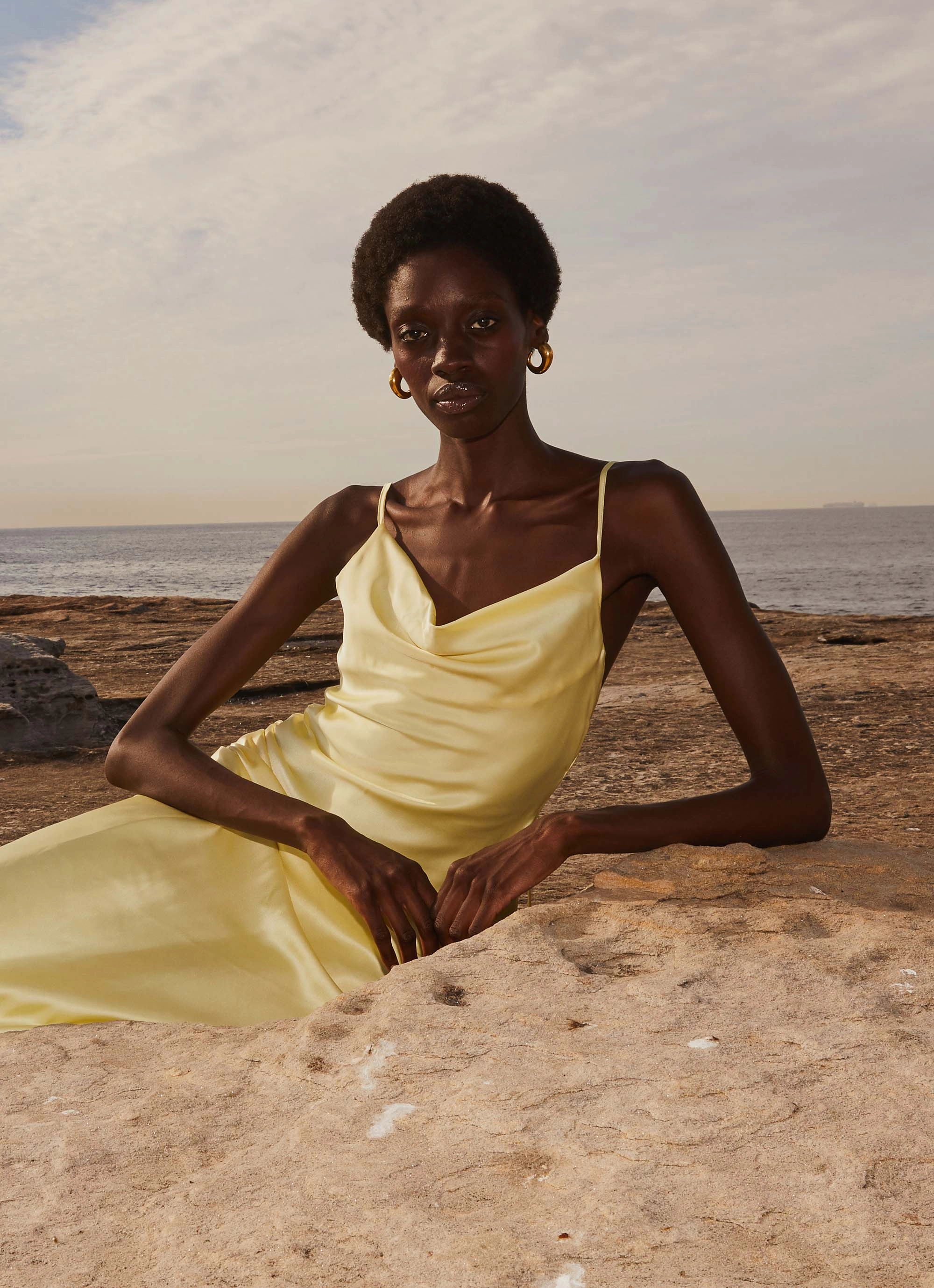 Sleek Movement Perfect Proportion Joanna Satin Maxi Dress - Lemon
