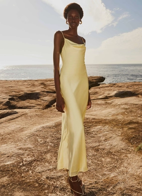 Joanna Satin Maxi Dress - Lemon Button-Cuff