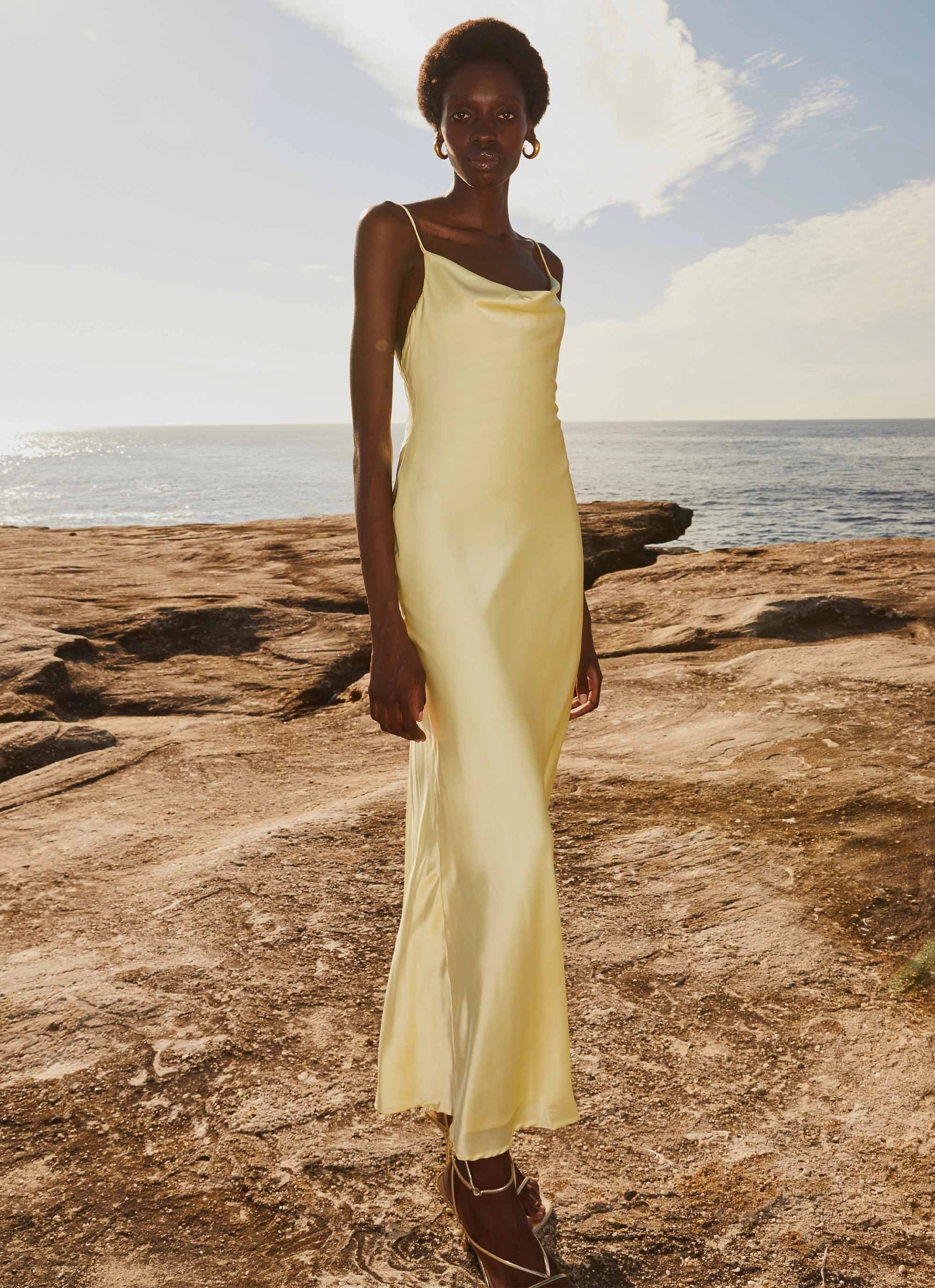 Joanna Satin Maxi Dress - Lemon Button-Cuff
