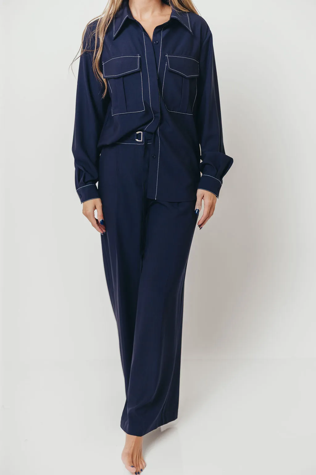 Judy Contrast Stitch Button Down Shirt in Midnight Blue LowImpact Dye Process Sweater Pilling Prevention Tips