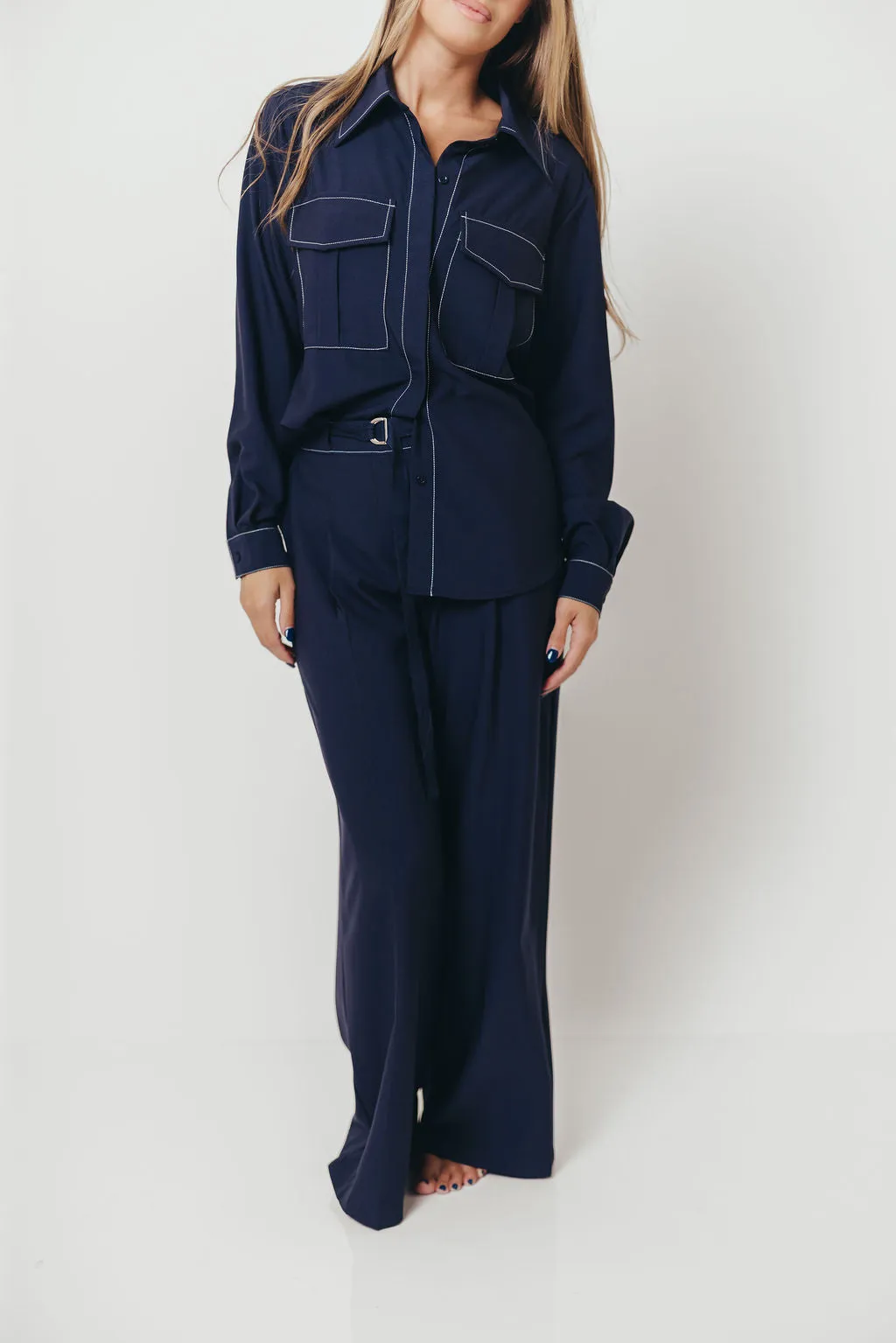 Judy Contrast Stitch Button Down Shirt in Midnight Blue Versatile Warmth